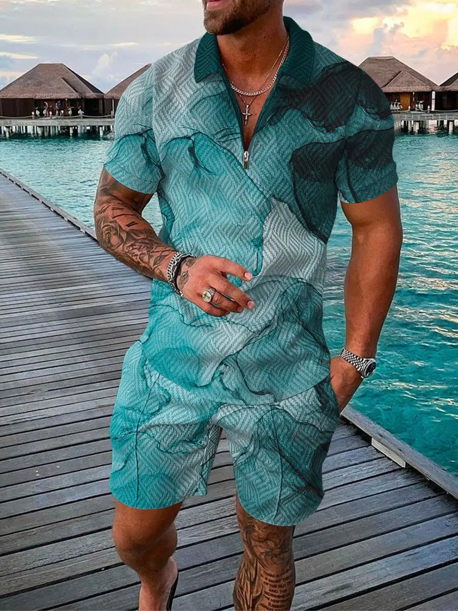 Men’s 3D Stripe Print Zip Polo Shirt & Shorts Set
