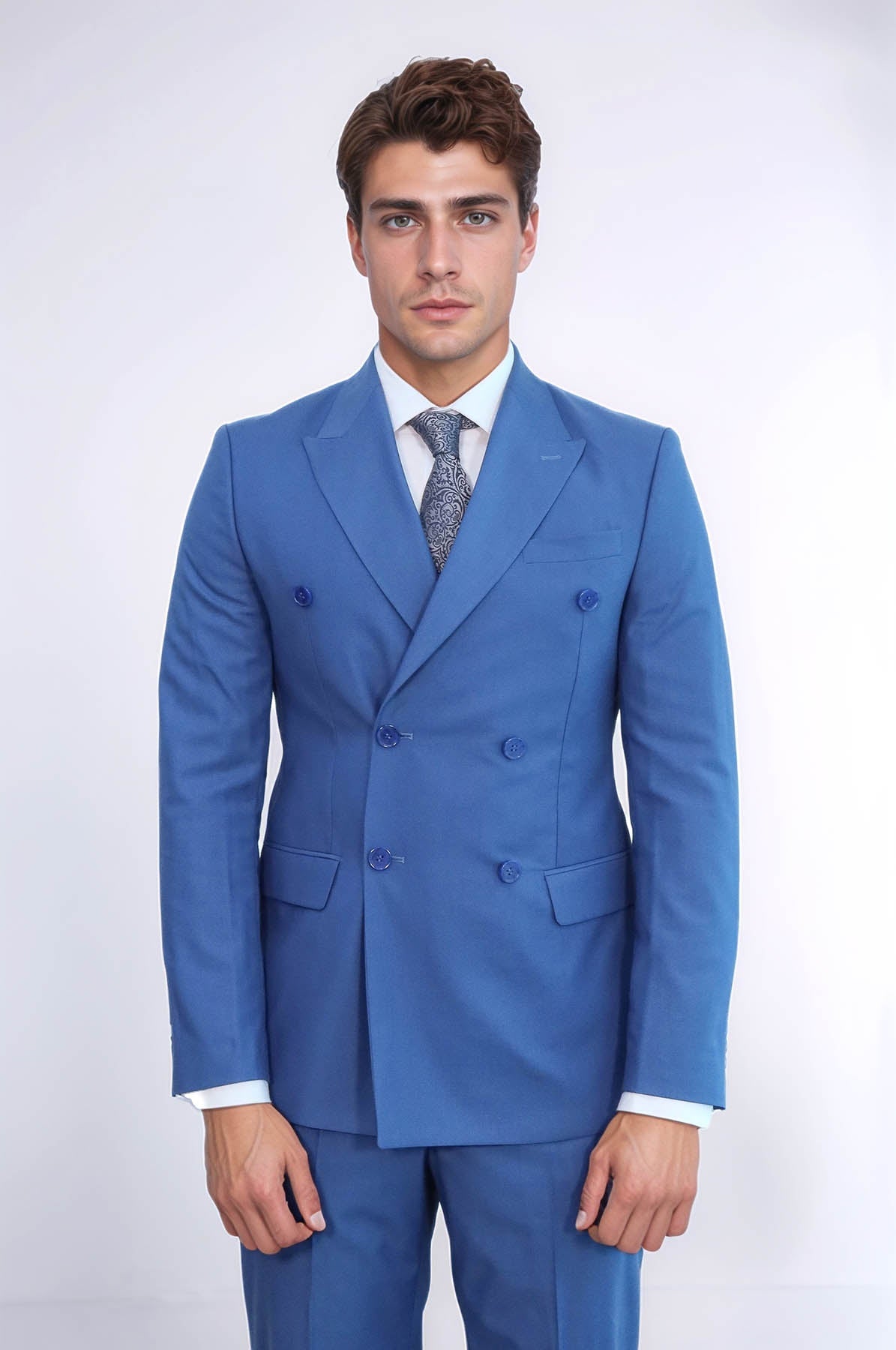 KOALA SYDNEY Wide Peak Lapel Striped Slim Fit Blue Men Double-Breasted Suit -