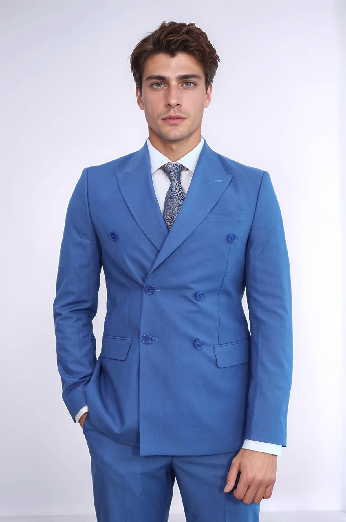 KOALA SYDNEY Wide Peak Lapel Striped Slim Fit Blue Men Double-Breasted Suit -