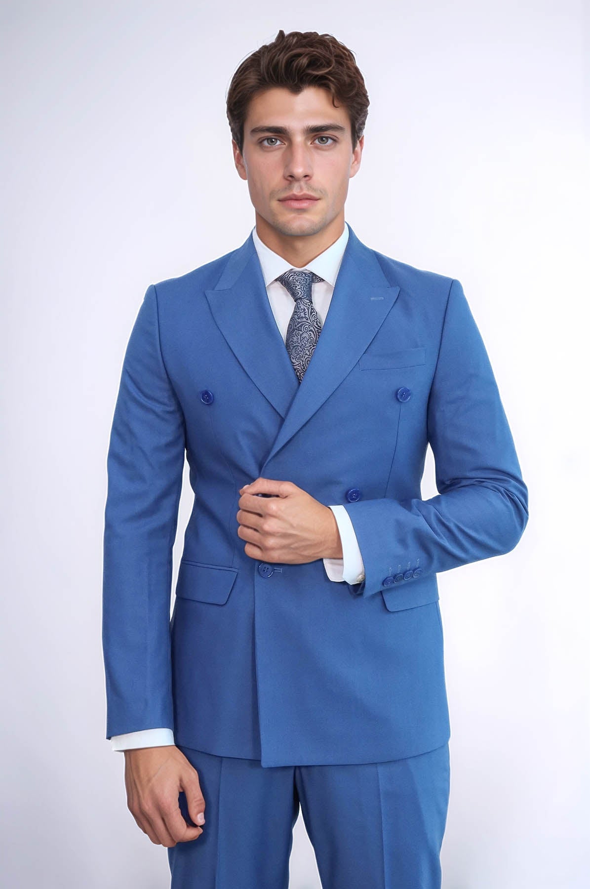 KOALA SYDNEY Wide Peak Lapel Striped Slim Fit Blue Men Double-Breasted Suit -