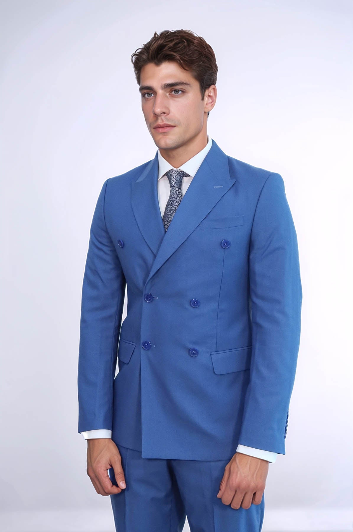 KOALA SYDNEY Wide Peak Lapel Striped Slim Fit Blue Men Double-Breasted Suit -