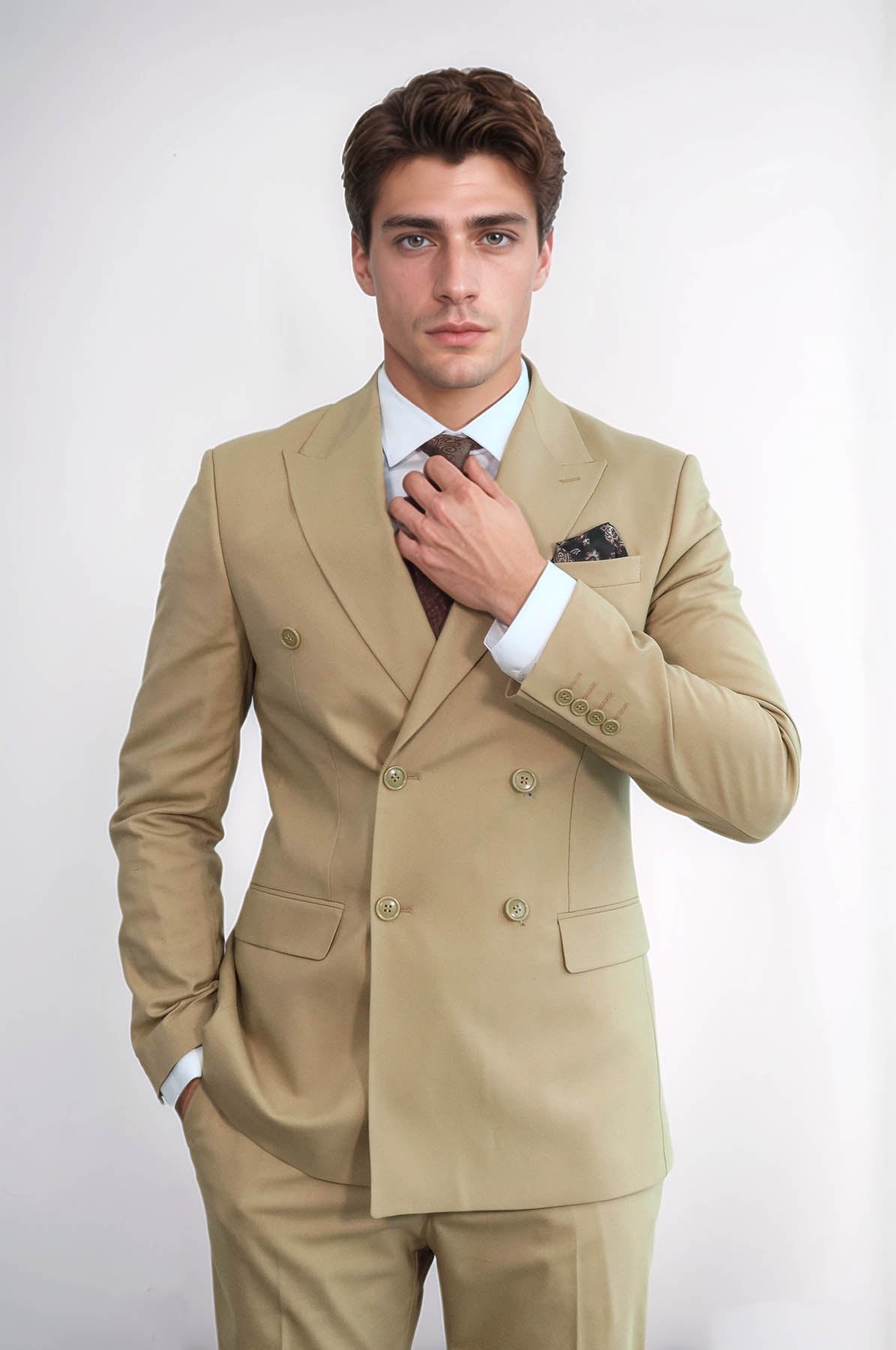 KOALA SYDNEY Wide Peak Collar Slim Fit Cream Men Double-Breasted Suit -