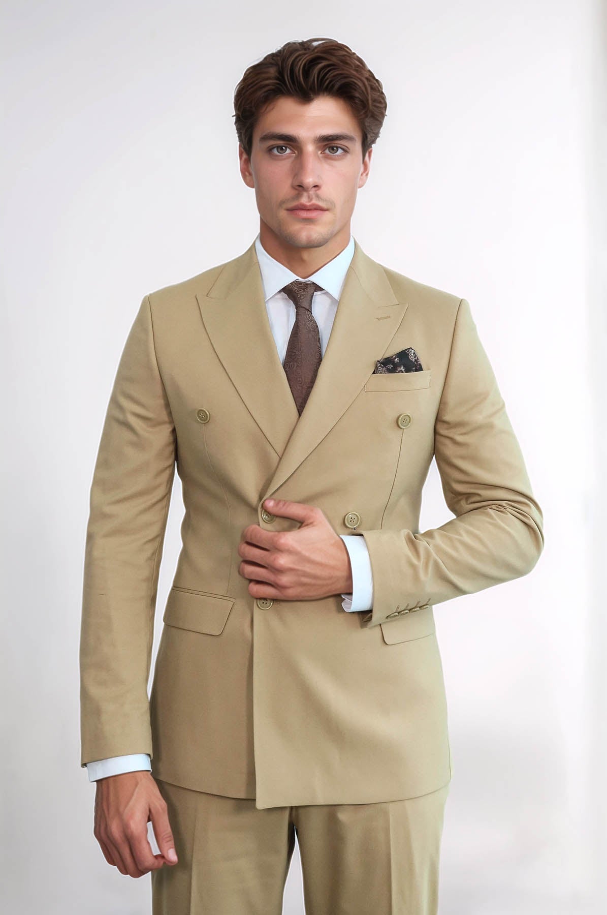 KOALA SYDNEY Wide Peak Collar Slim Fit Cream Men Double-Breasted Suit -