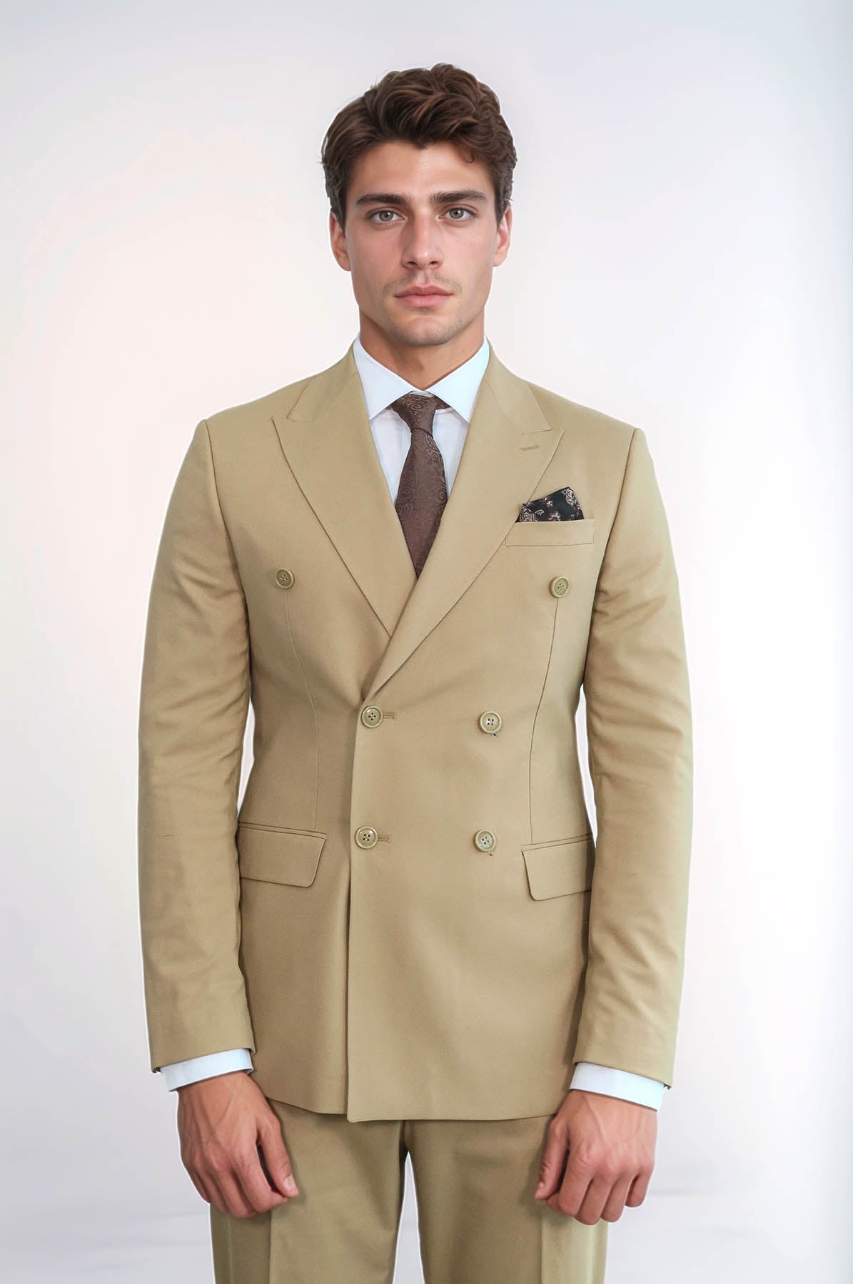 KOALA SYDNEY Wide Peak Collar Slim Fit Cream Men Double-Breasted Suit -