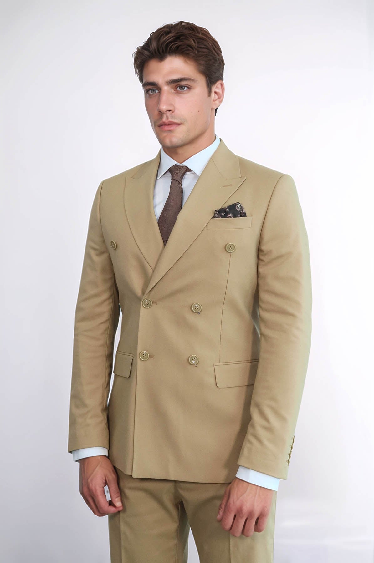 KOALA SYDNEY Wide Peak Collar Slim Fit Cream Men Double-Breasted Suit -
