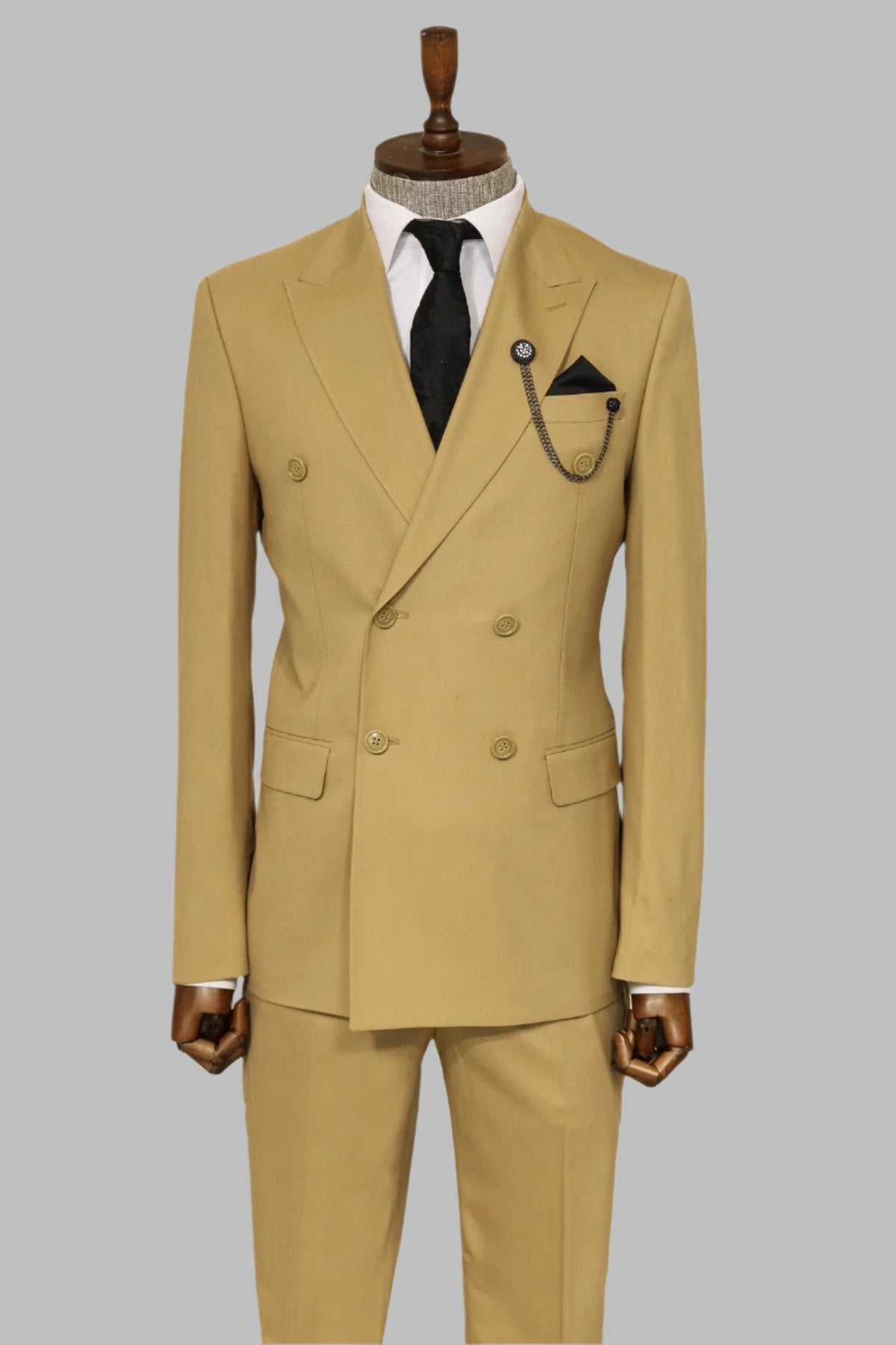 KOALA SYDNEY Beige Double-Breasted Suit, White Shirt, Tie, and Brown Scarf Combination - Classic and Modern Harmony -