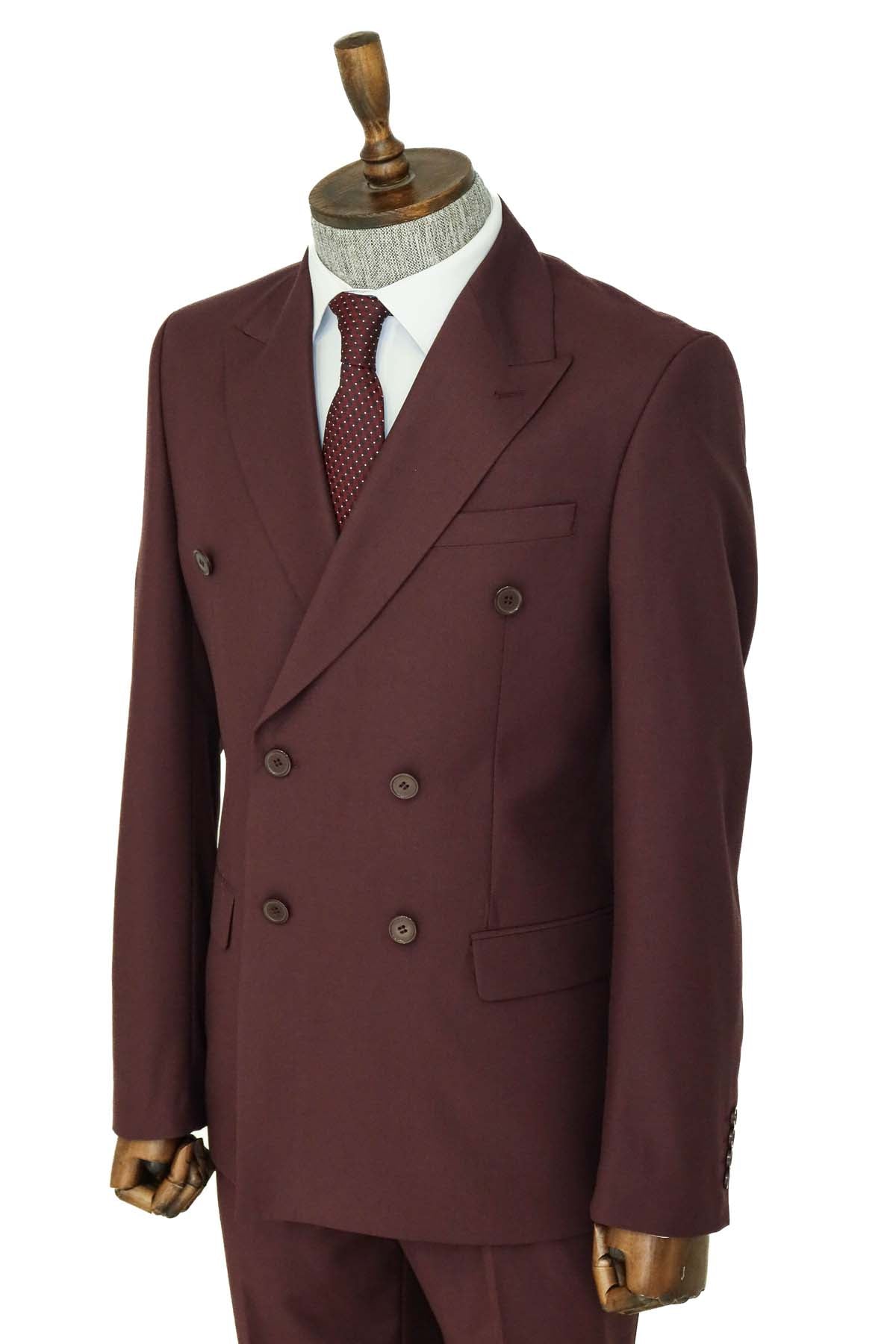 Wide Peak Collar Slim Fit Burgundy Men Double-Breasted Suit and Shirt Combination-