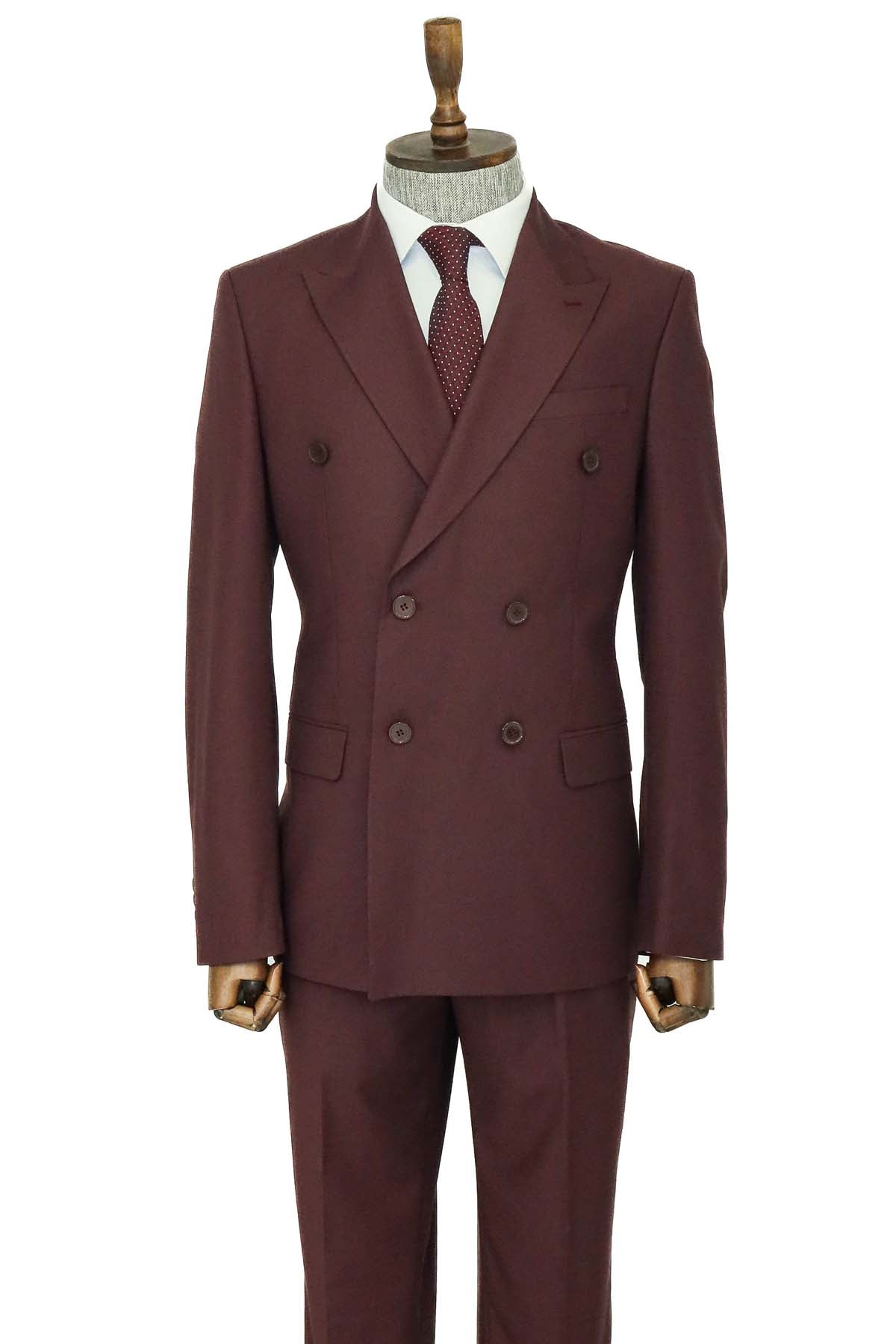 Wide Peak Collar Slim Fit Burgundy Men Double-Breasted Suit and Shirt Combination-