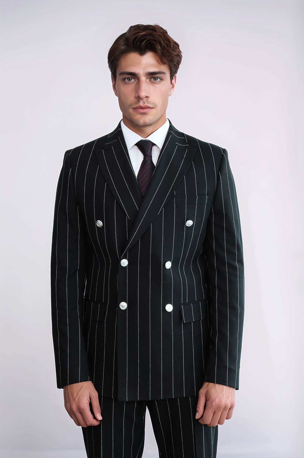 Pinstripe Double Breasted Men’s Black Suit with Silver Button Details
