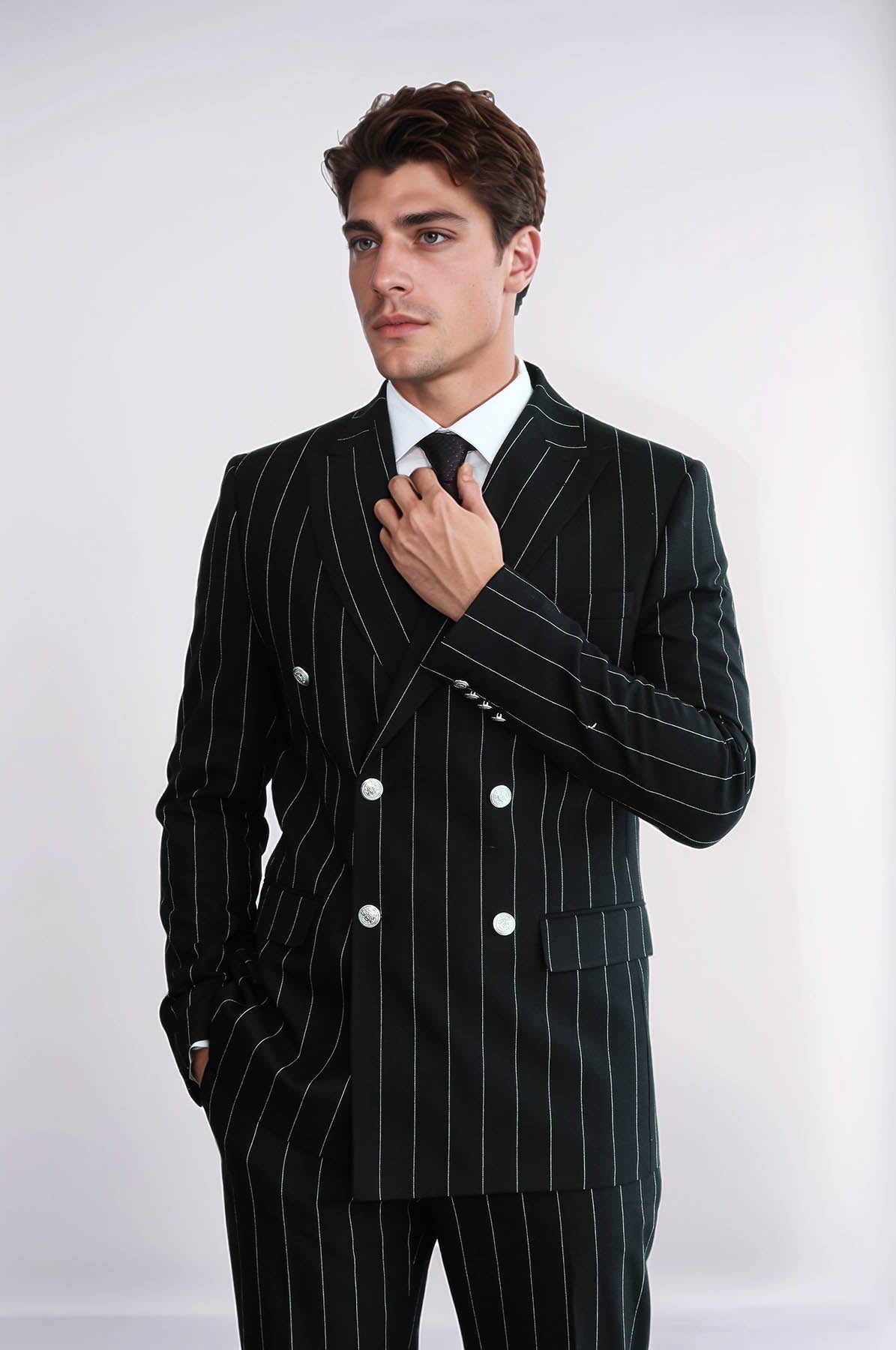 Pinstripe Double Breasted Men’s Black Suit with Silver Button Details