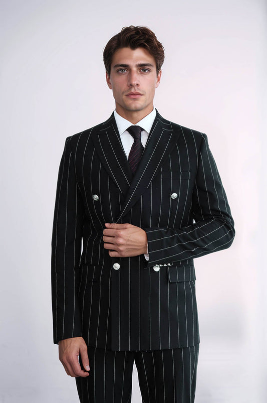 Pinstripe Double Breasted Men’s Black Suit with Silver Button Details