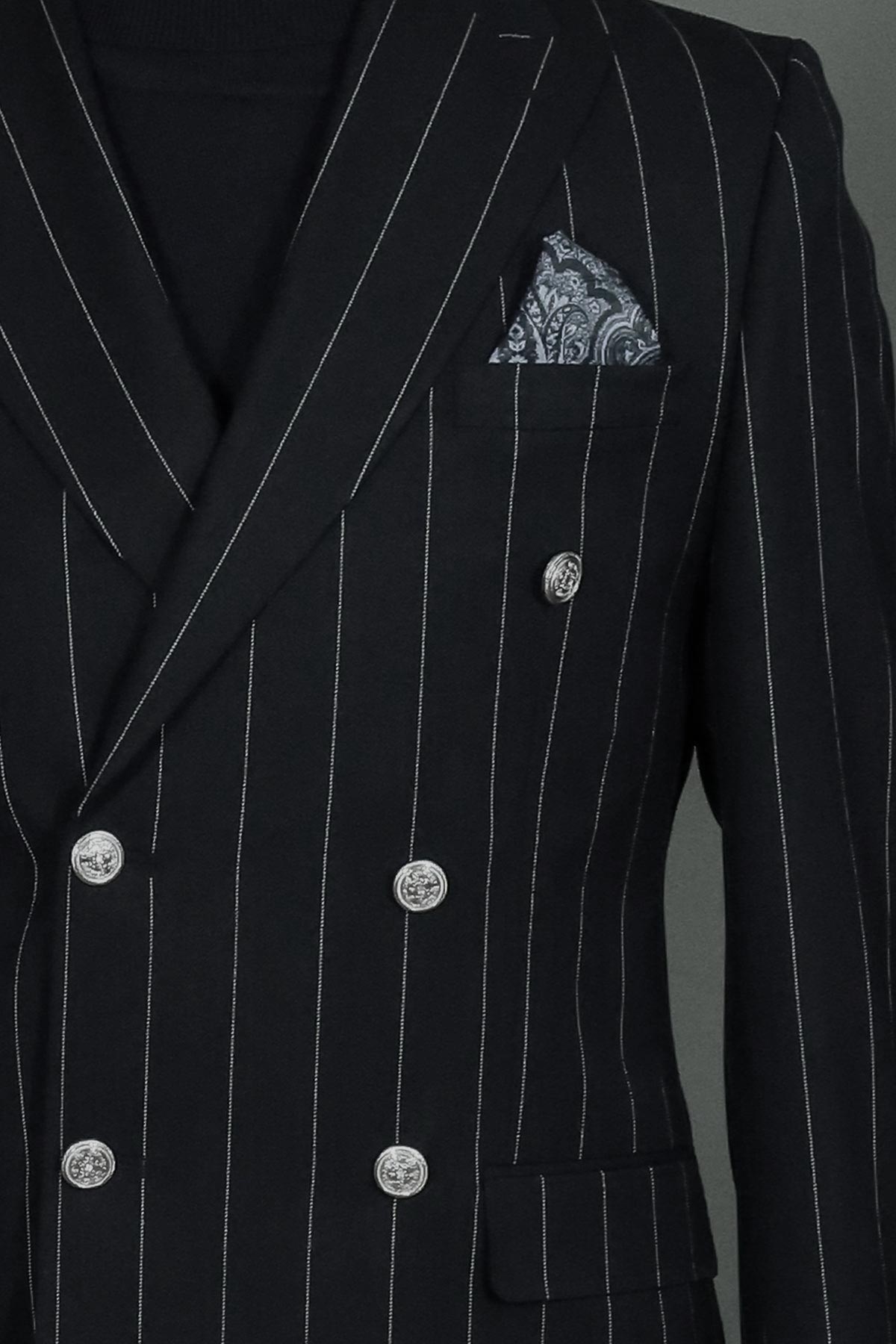 Pinstripe Double-Breasted Black Suit and Knitwear Look for Office Elegance
