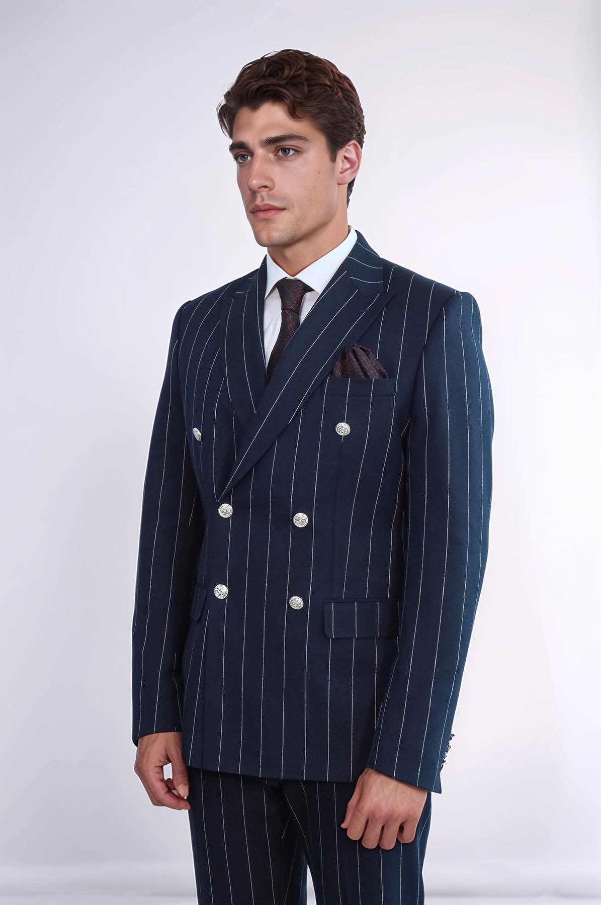 KOALA SYDNEY Pinstripe Double Breasted Men’s Navy Blue Suit with Silver Button Details