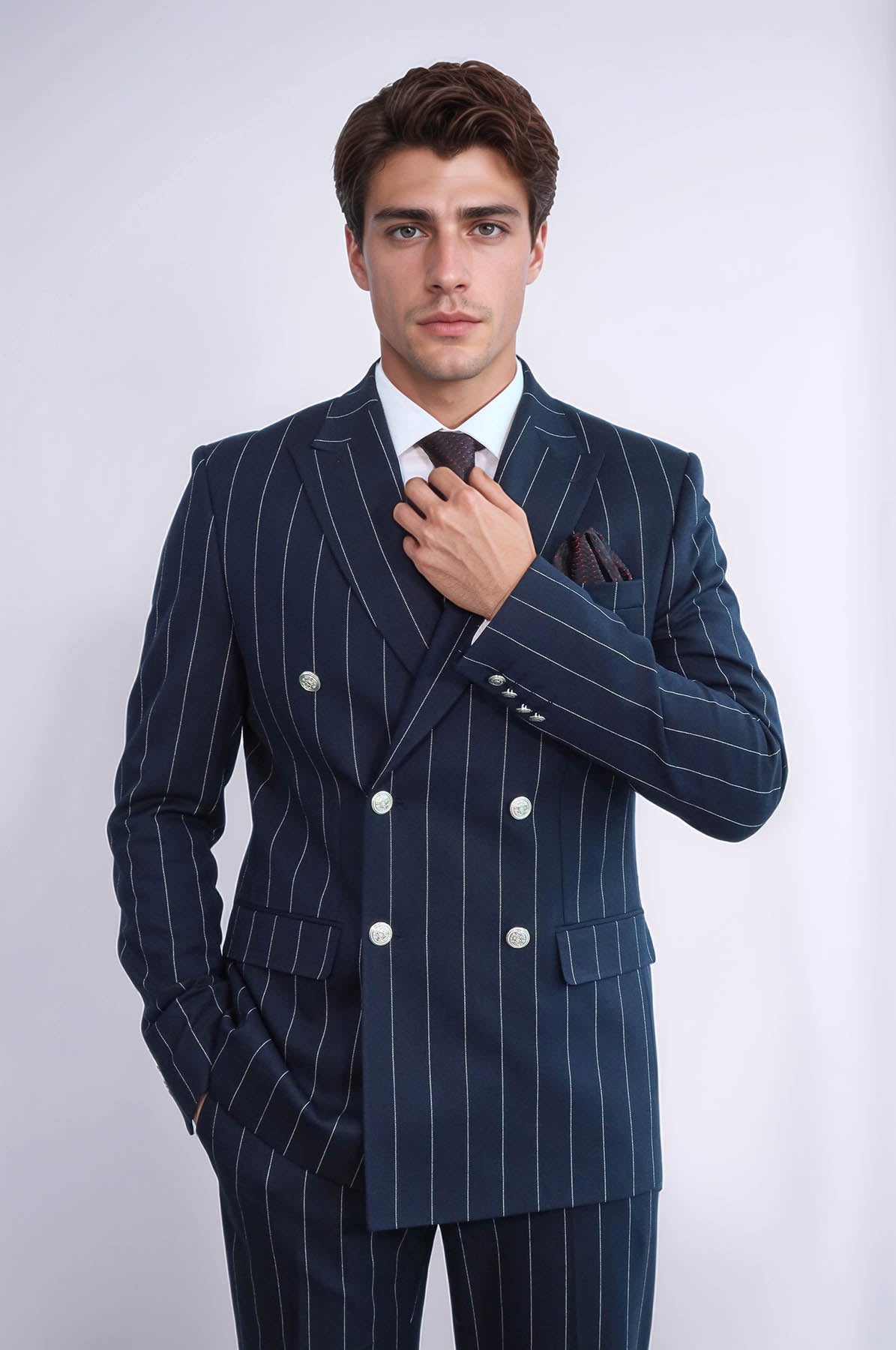 KOALA SYDNEY Pinstripe Double Breasted Men’s Navy Blue Suit with Silver Button Details