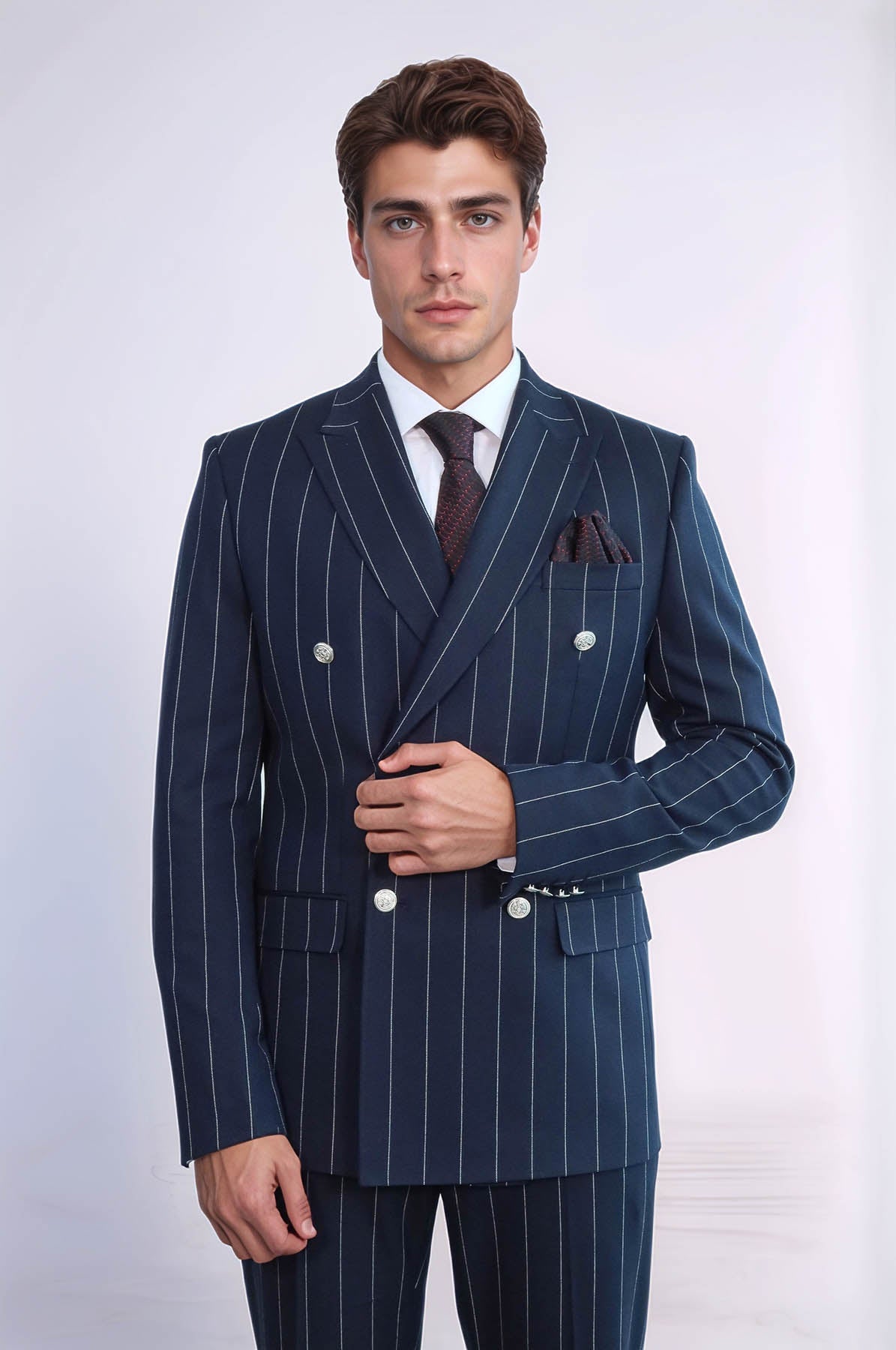 KOALA SYDNEY Pinstripe Double Breasted Men’s Navy Blue Suit with Silver Button Details