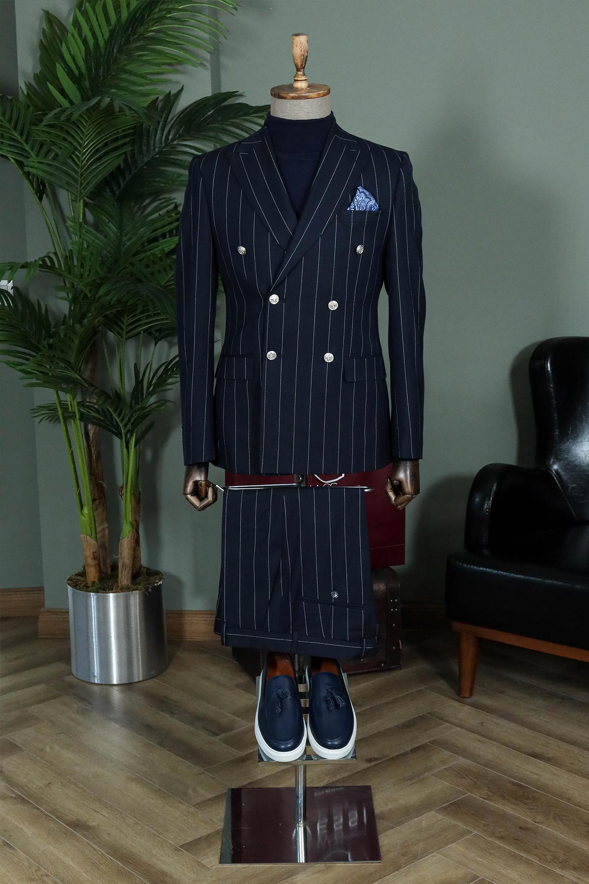 Pinstripe Double-Breasted Navy Suit and Knitwear Look for Office Elegance