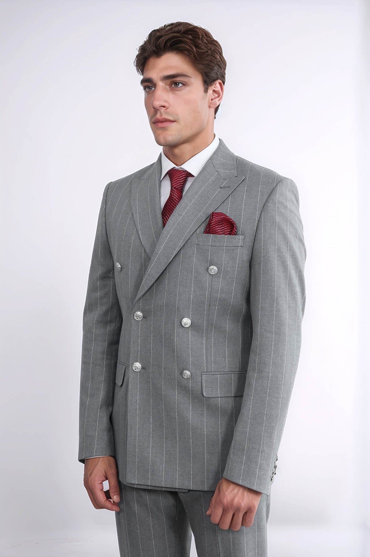 Pinstripe Double Breasted Men’s Grey Suit with Silver Button Details