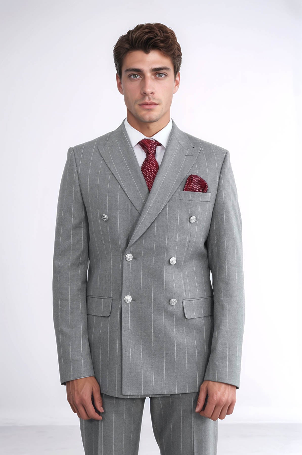 KOALA SYDNEY Pinstripe Double Breasted Men’s Grey Suit with Silver Button Details -