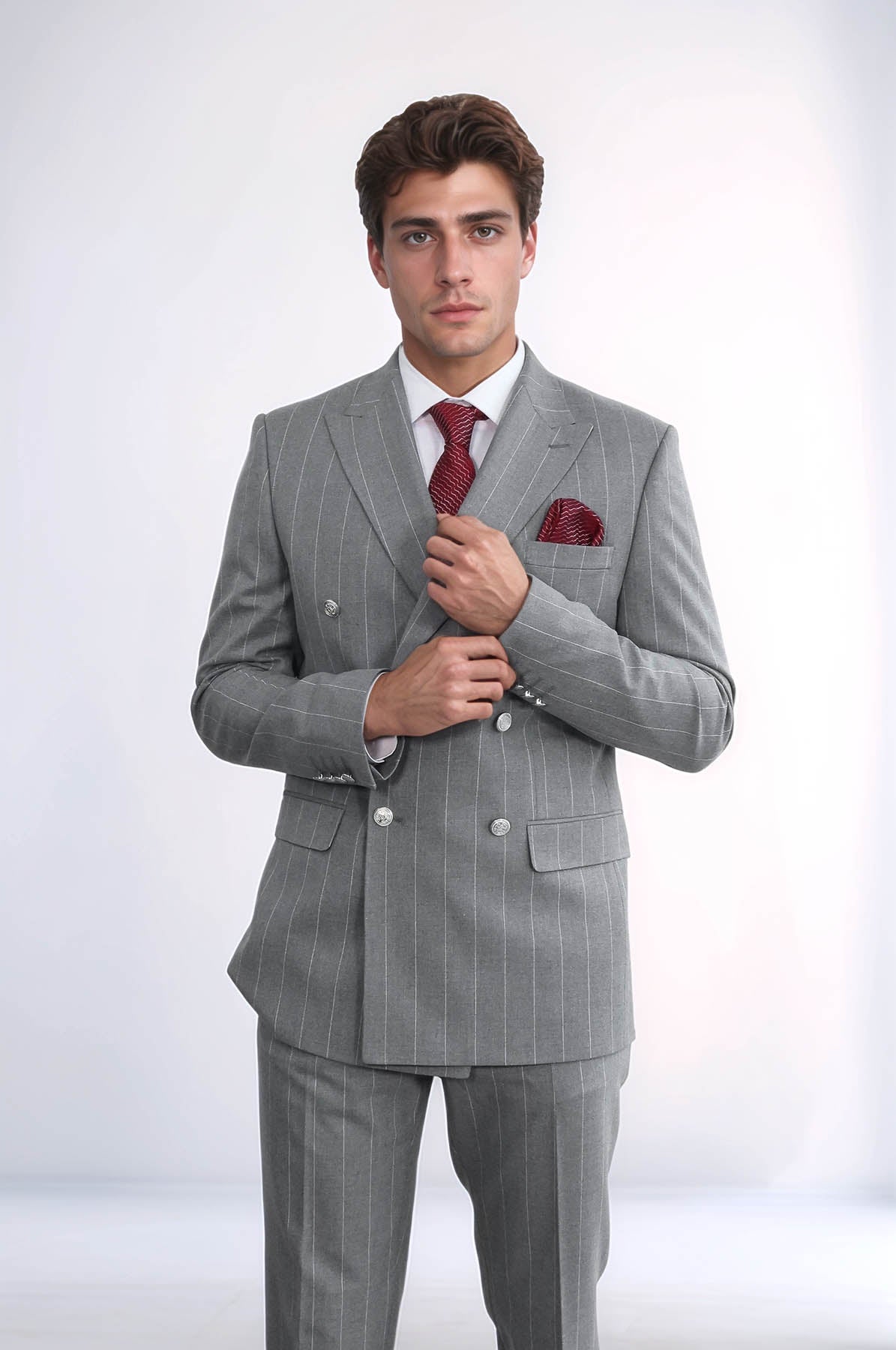 KOALA SYDNEY Pinstripe Double Breasted Men’s Grey Suit with Silver Button Details -