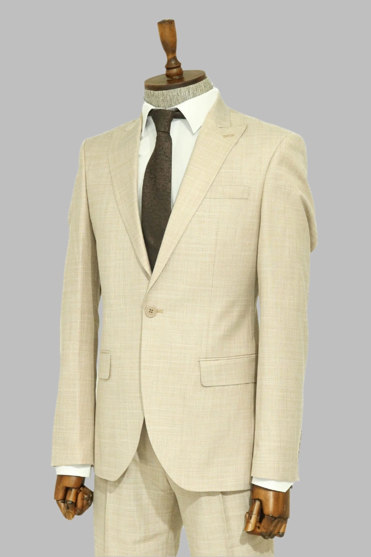 Two Piece Slim Fit Single Button Beige Men Suit
