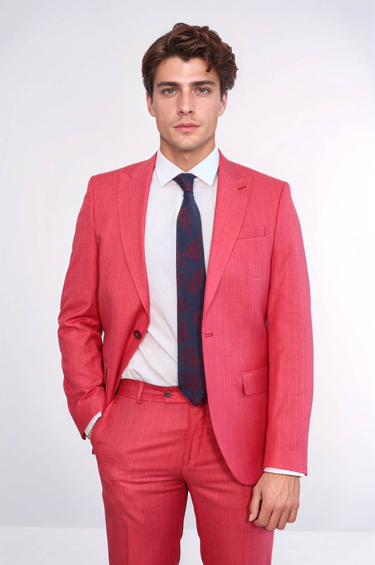 Two Piece Slim Fit Single Button Coral Red Men Suit