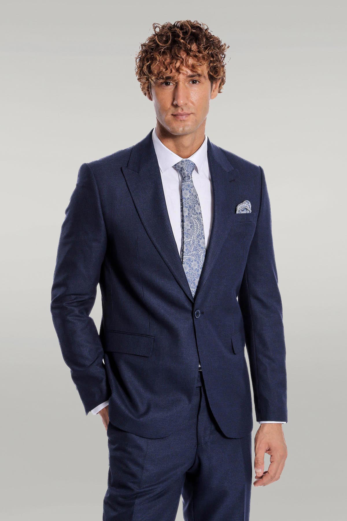 Two Piece Patterned Navy Blue Men Suit