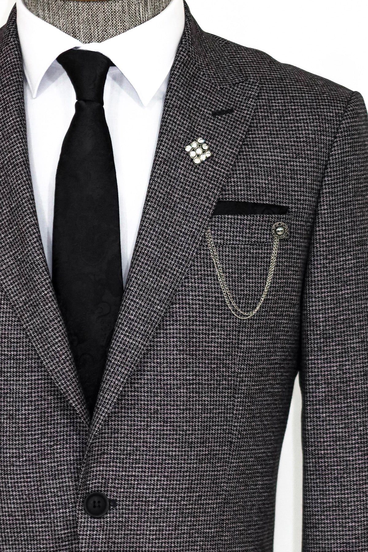 KOALA SYDNEY Slim Fit Houndstooth Patterned 2 Piece Grey Men Suit