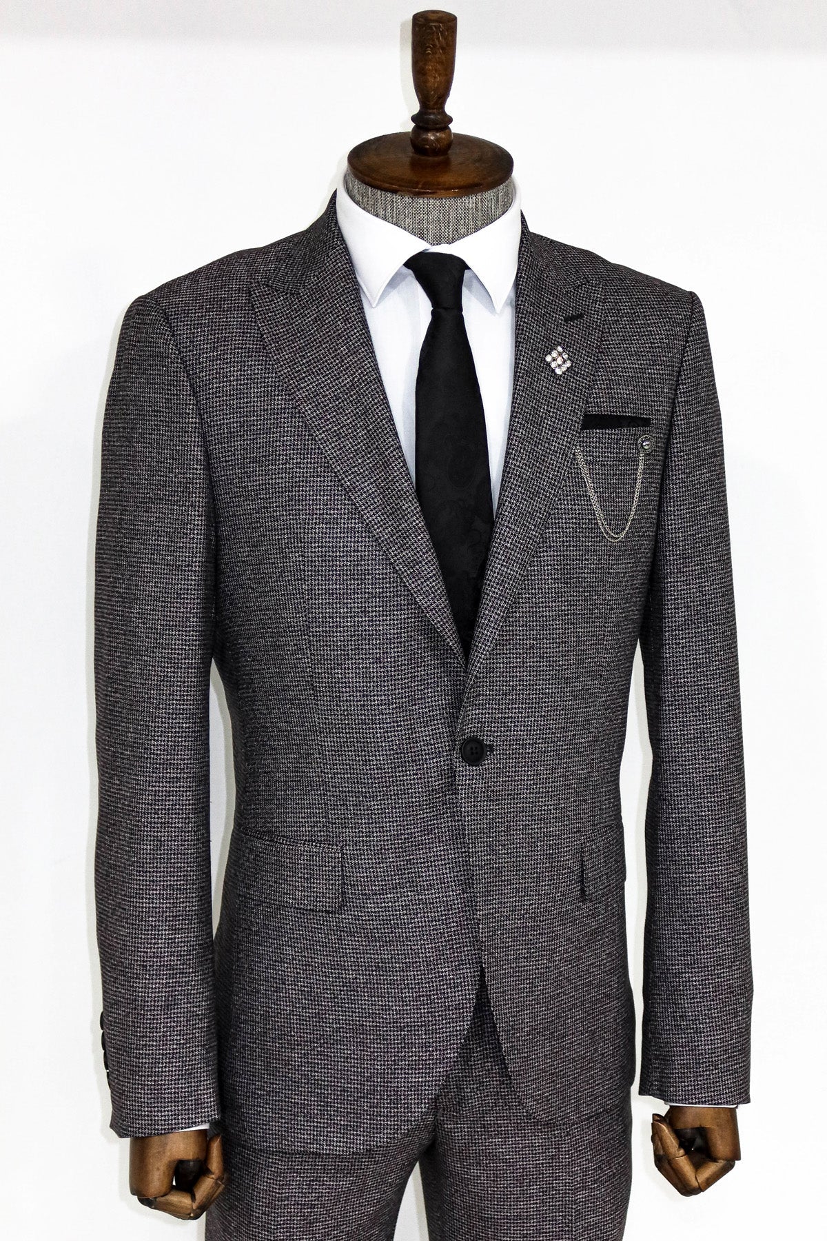 KOALA SYDNEY Slim Fit Houndstooth Patterned 2 Piece Grey Men Suit