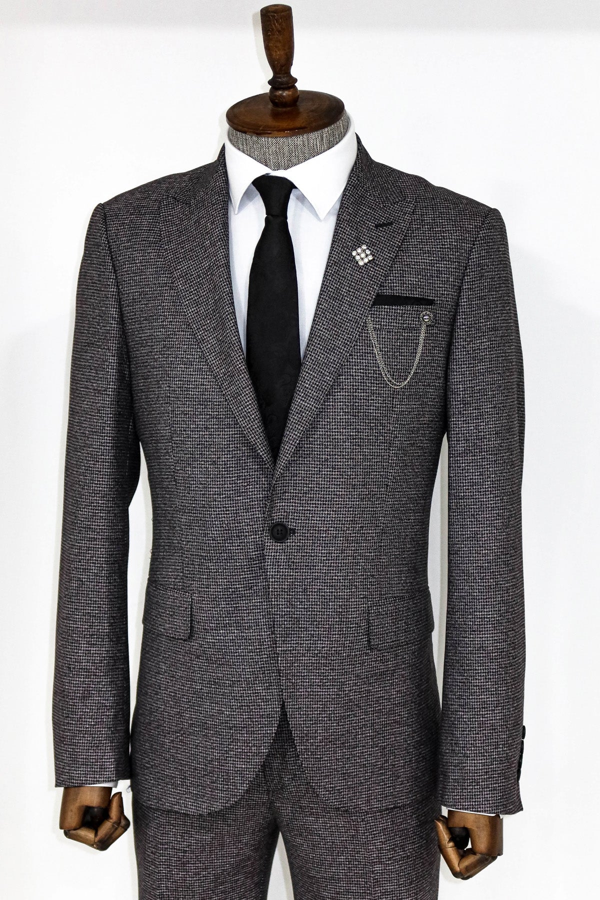 Slim Fit Houndstooth Patterned 2 Piece Grey Men Suit