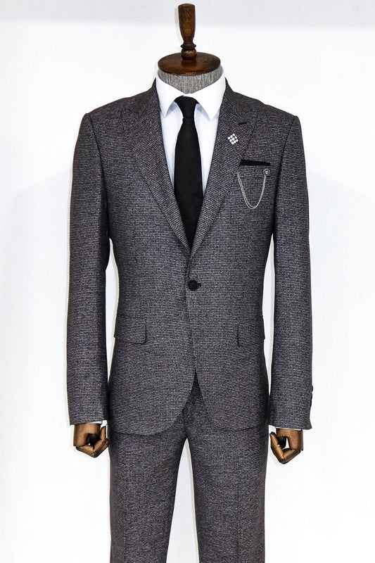 Slim Fit Houndstooth Patterned 2 Piece Grey Men Suit