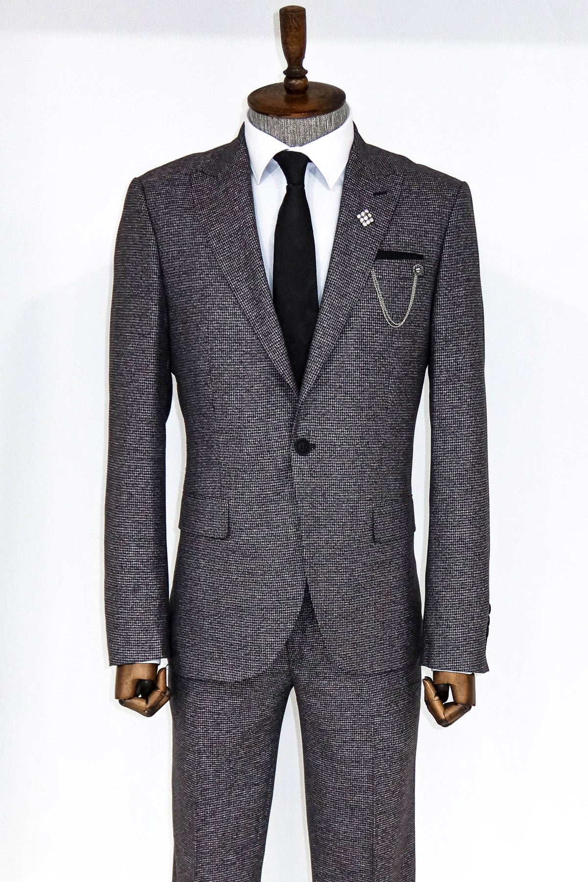 KOALA SYDNEY Slim Fit Houndstooth Patterned 2 Piece Grey Men Suit