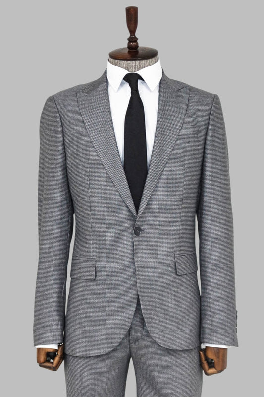 Slim Fit Houndstooth Patterned 2 Piece Grey Men Suit
