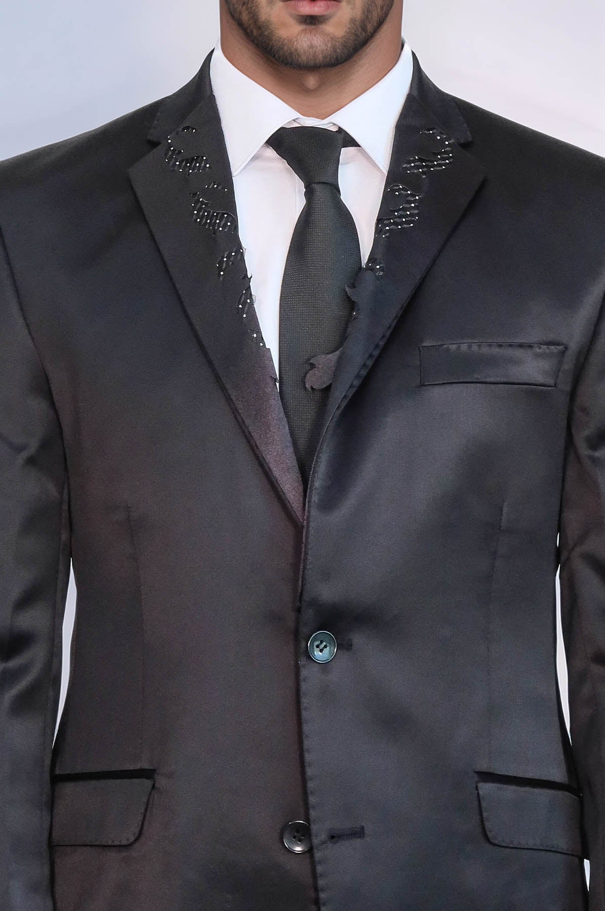 KOALA SYDNEY Two Piece Two Buttons Modeled Lapel Satin Black Men Groom Suit