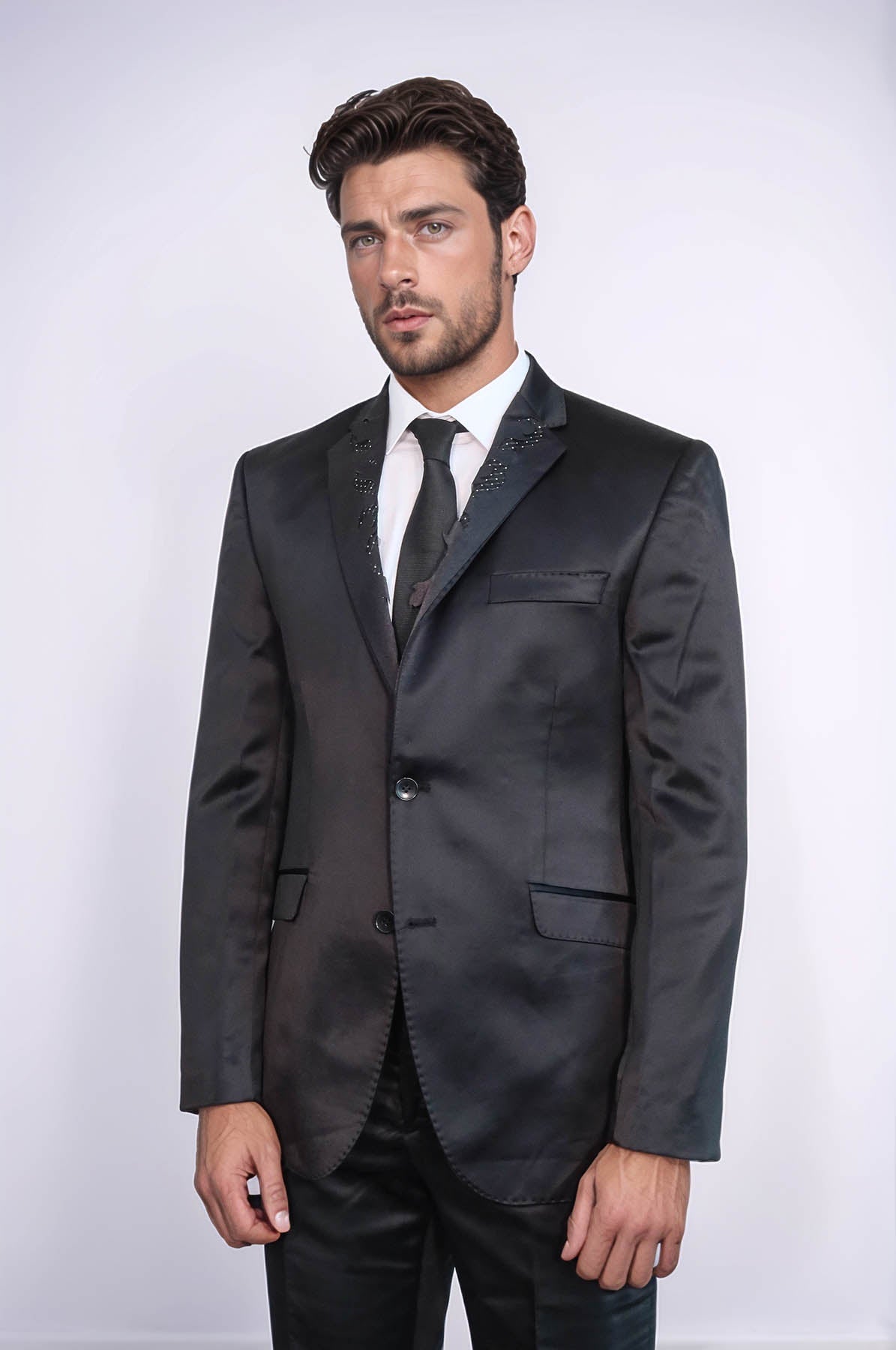 KOALA SYDNEY Two Piece Two Buttons Modeled Lapel Satin Black Men Groom Suit