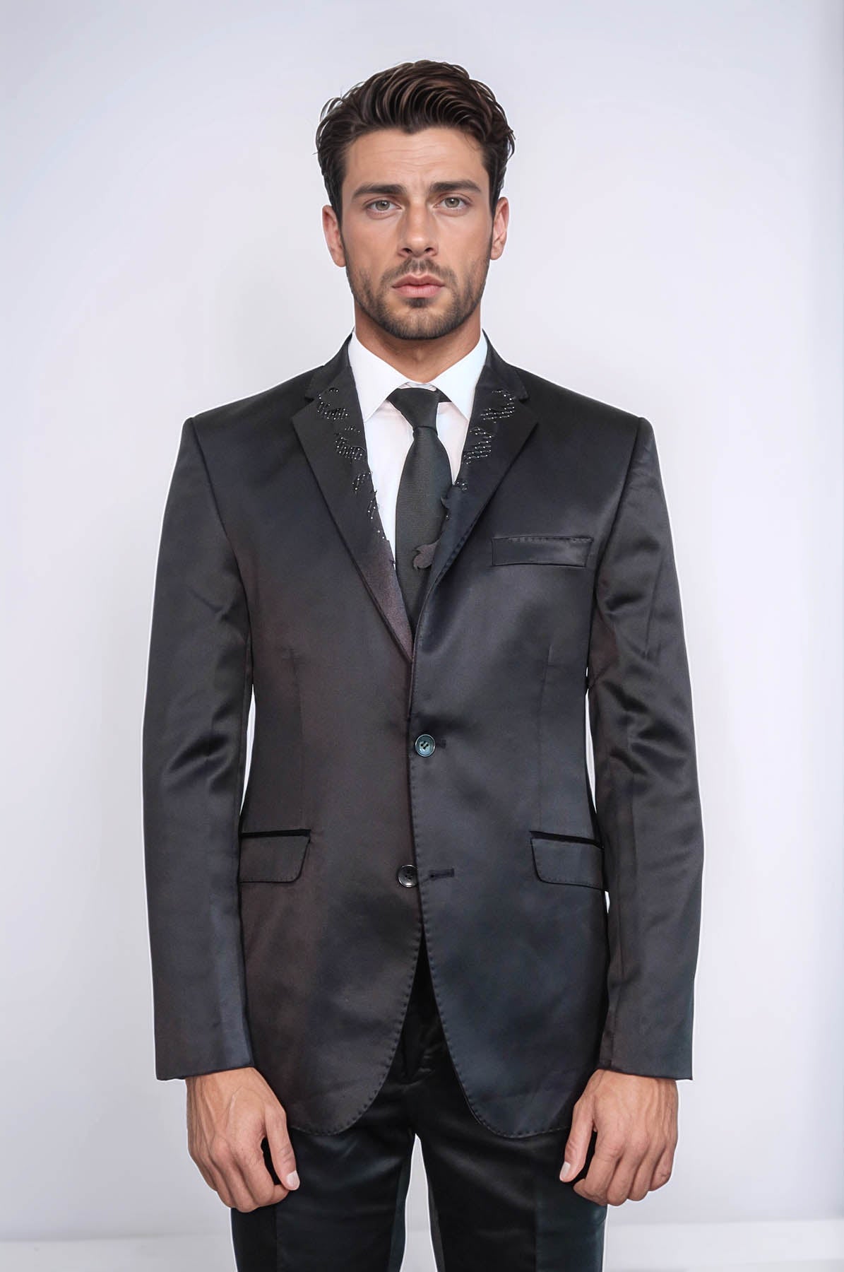 KOALA SYDNEY Two Piece Two Buttons Modeled Lapel Satin Black Men Groom Suit