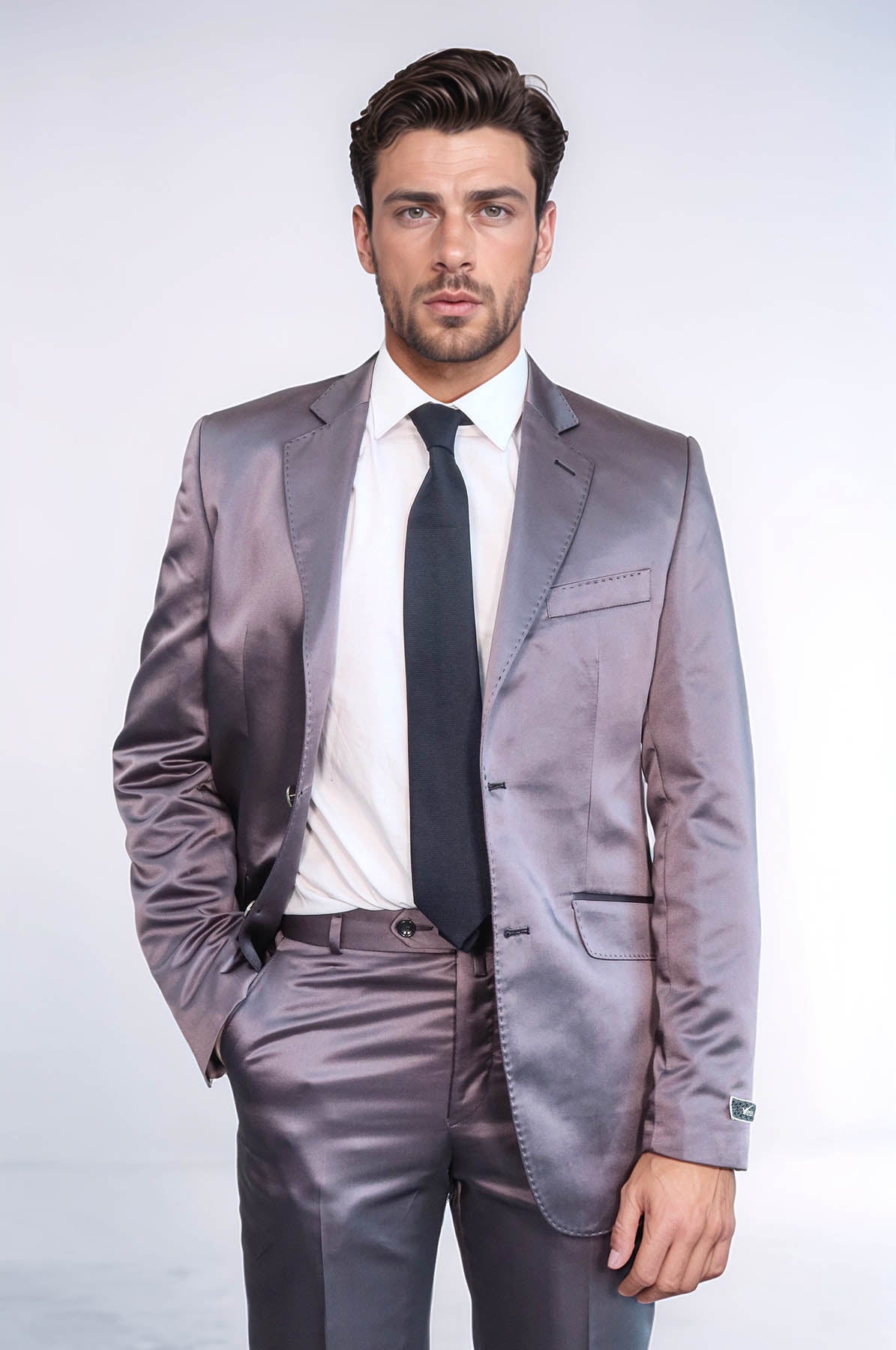 KOALA SYDNEY Two Piece Two Buttons Modeled Lapel Satin Grey Men Groom Suit