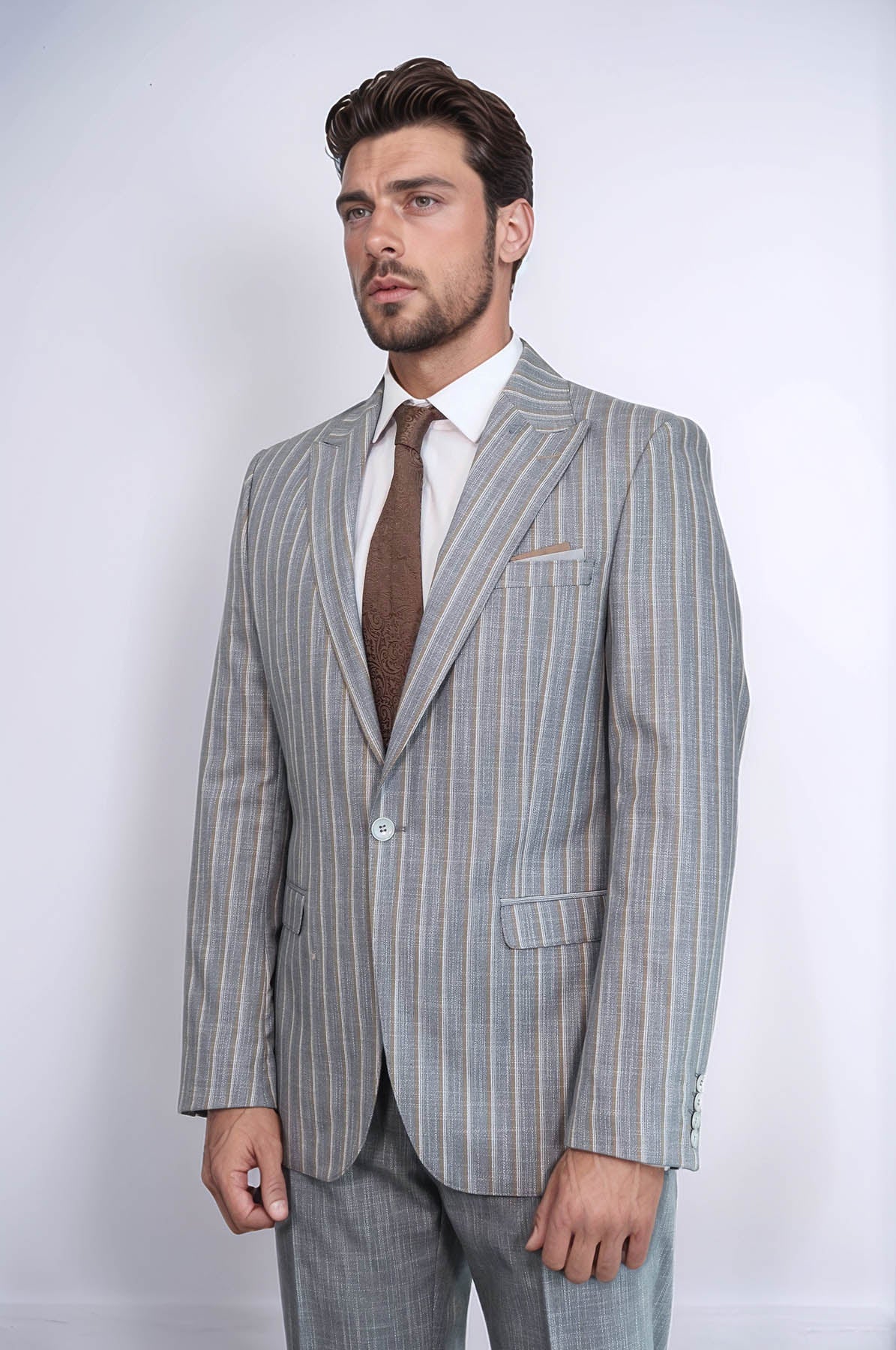 KOALA SYDNEY Striped Blazer Plain Pants Grey Men Suit -
