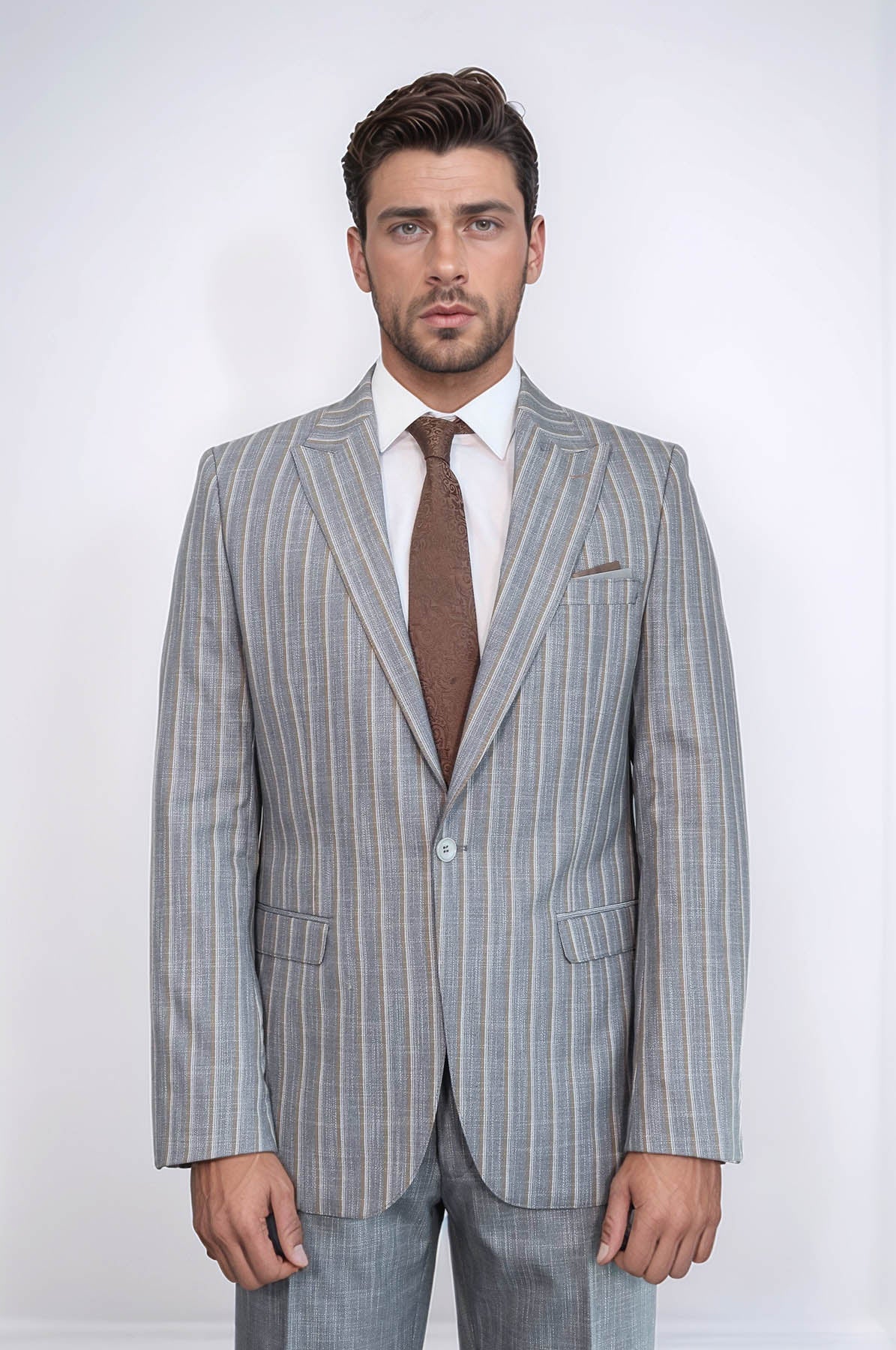 KOALA SYDNEY Striped Blazer Plain Pants Grey Men Suit -