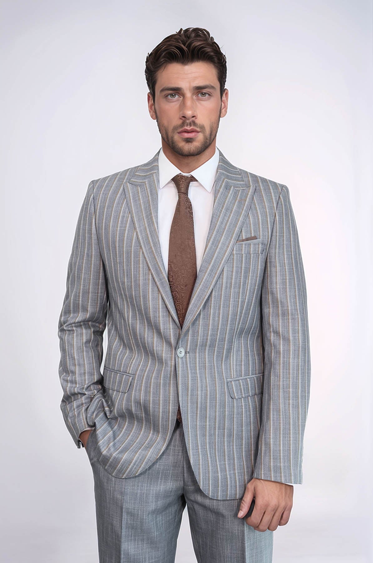 KOALA SYDNEY Striped Blazer Plain Pants Grey Men Suit -