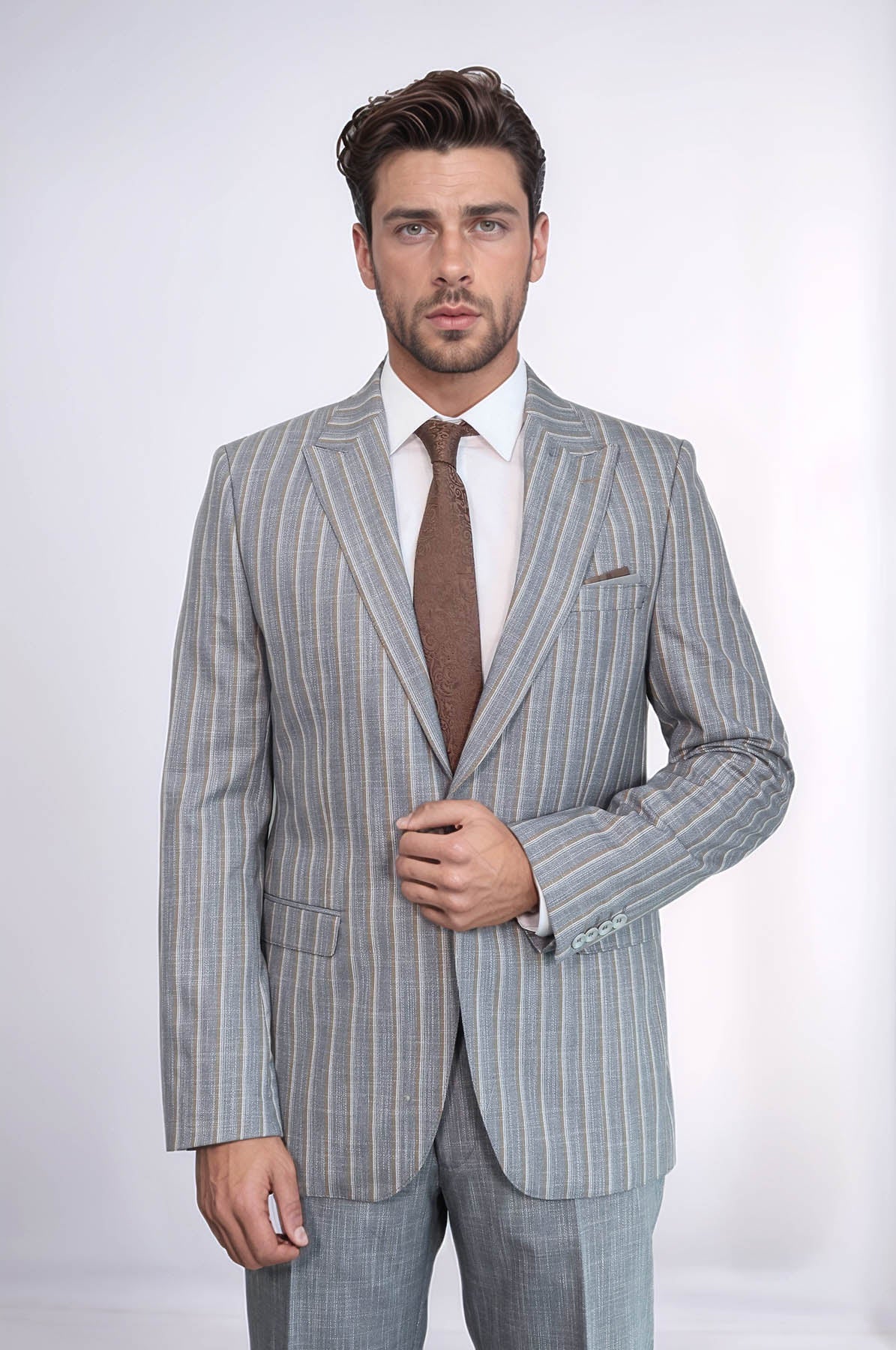 KOALA SYDNEY Striped Blazer Plain Pants Grey Men Suit -