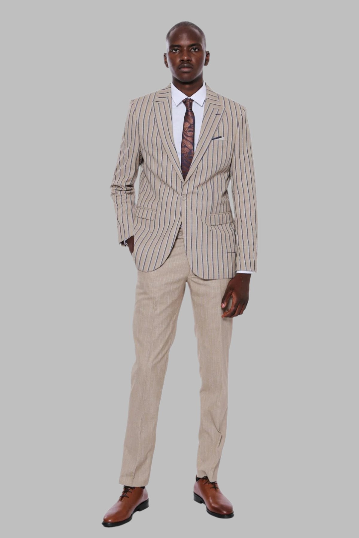 KOALA SYDNEY Striped Blazer Plain Pants Beige Men Suit -