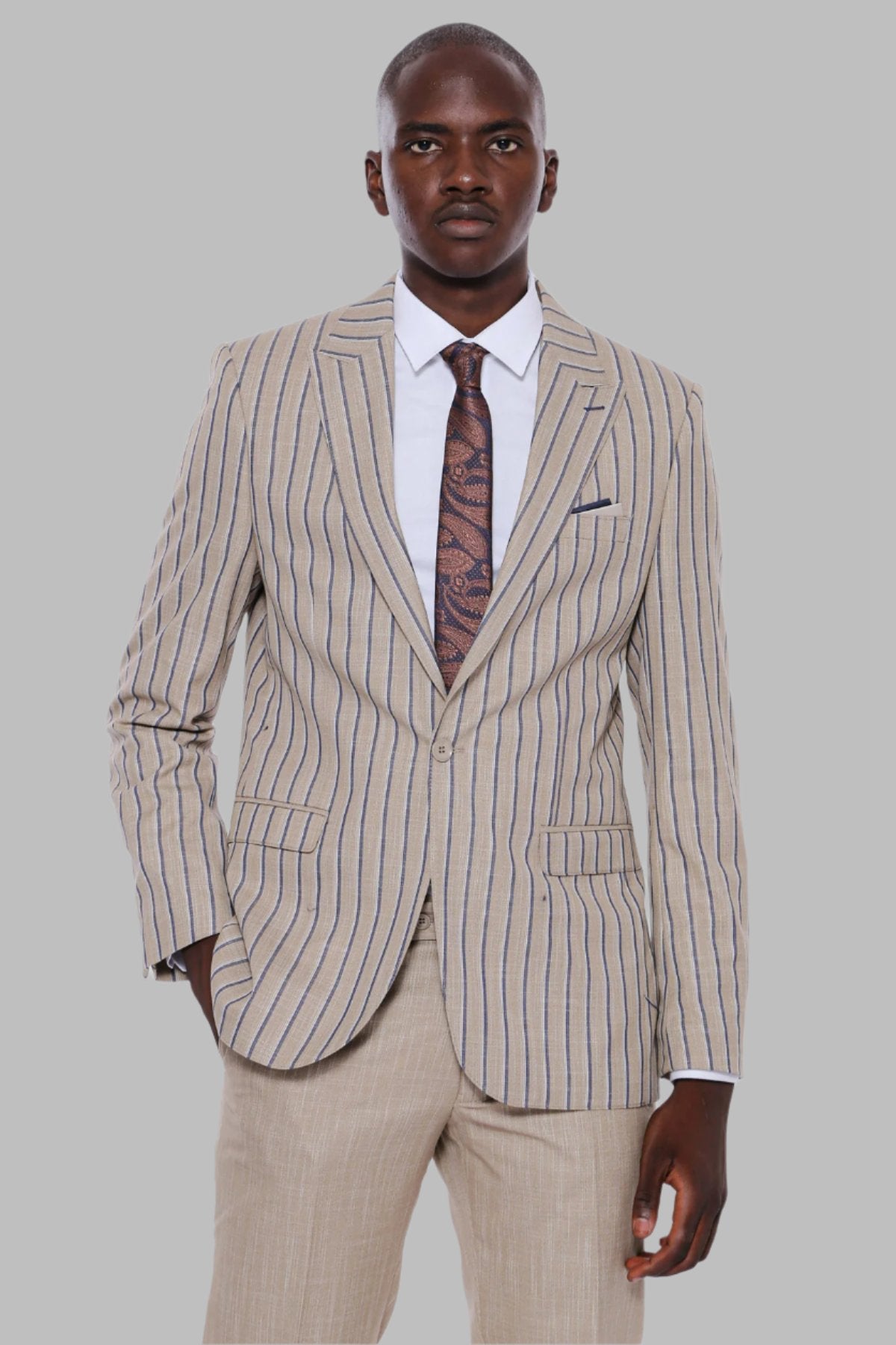 KOALA SYDNEY Striped Blazer Plain Pants Beige Men Suit -