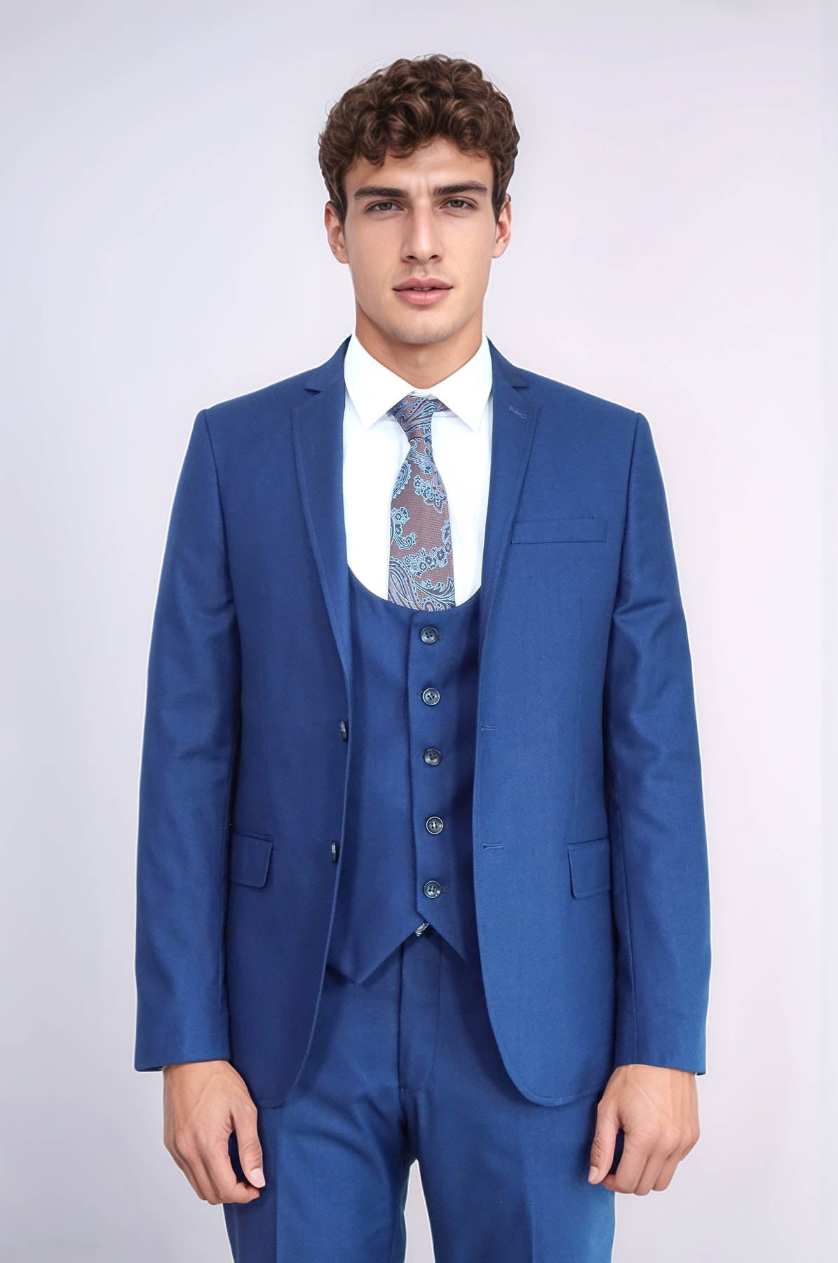 Plain Vested Navy Blue Men's Suit