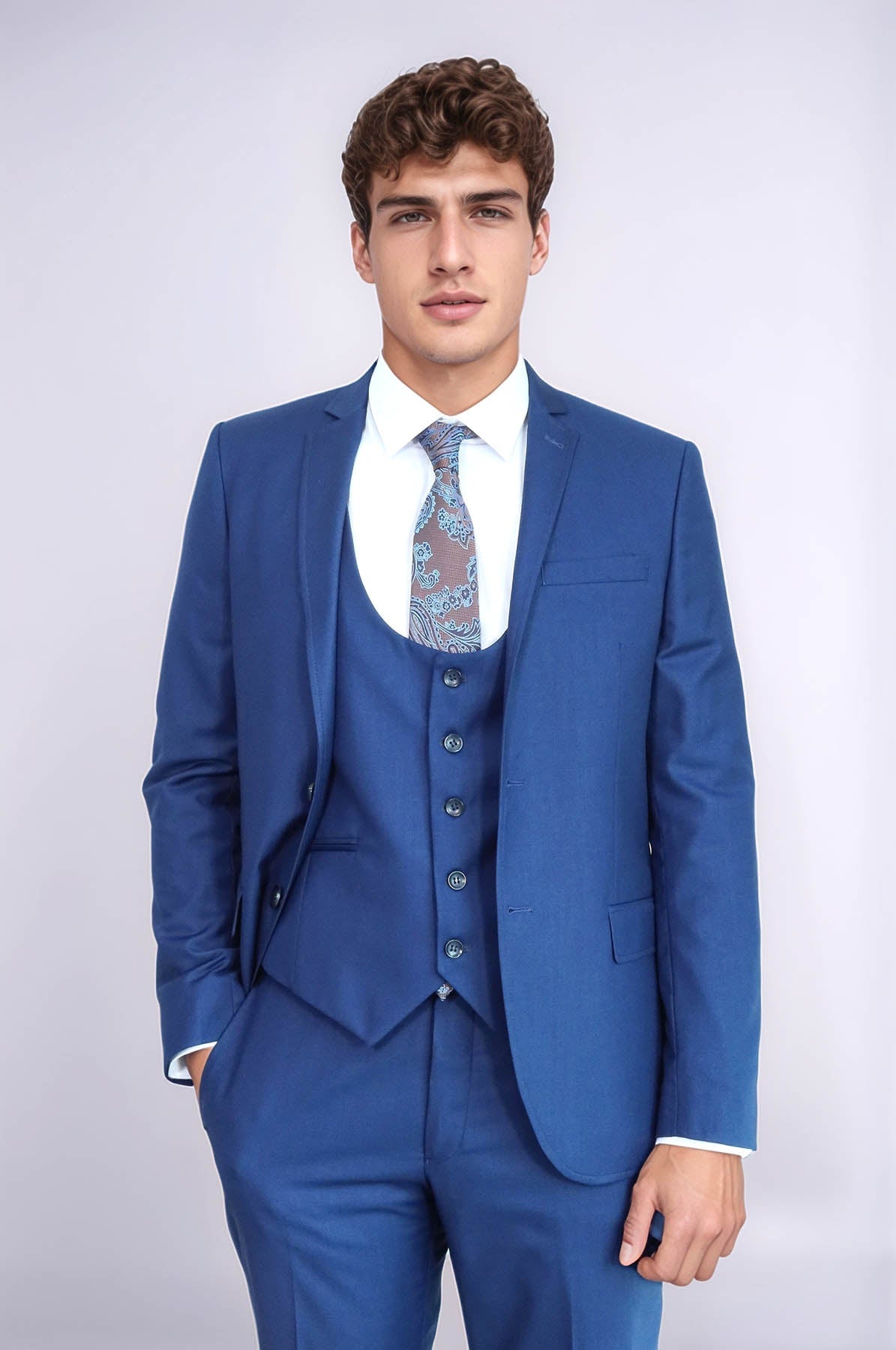 Plain Vested Navy Blue Men's Suit