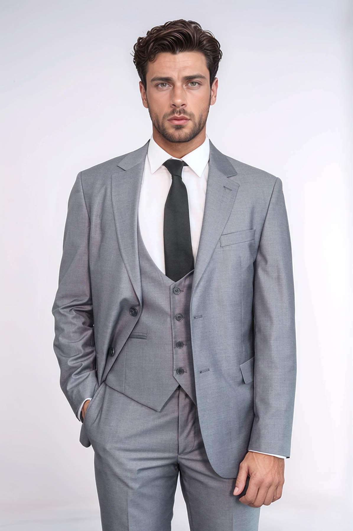 KOALA SYDNEY Grey Slim Fit Men's Suit with Vest |