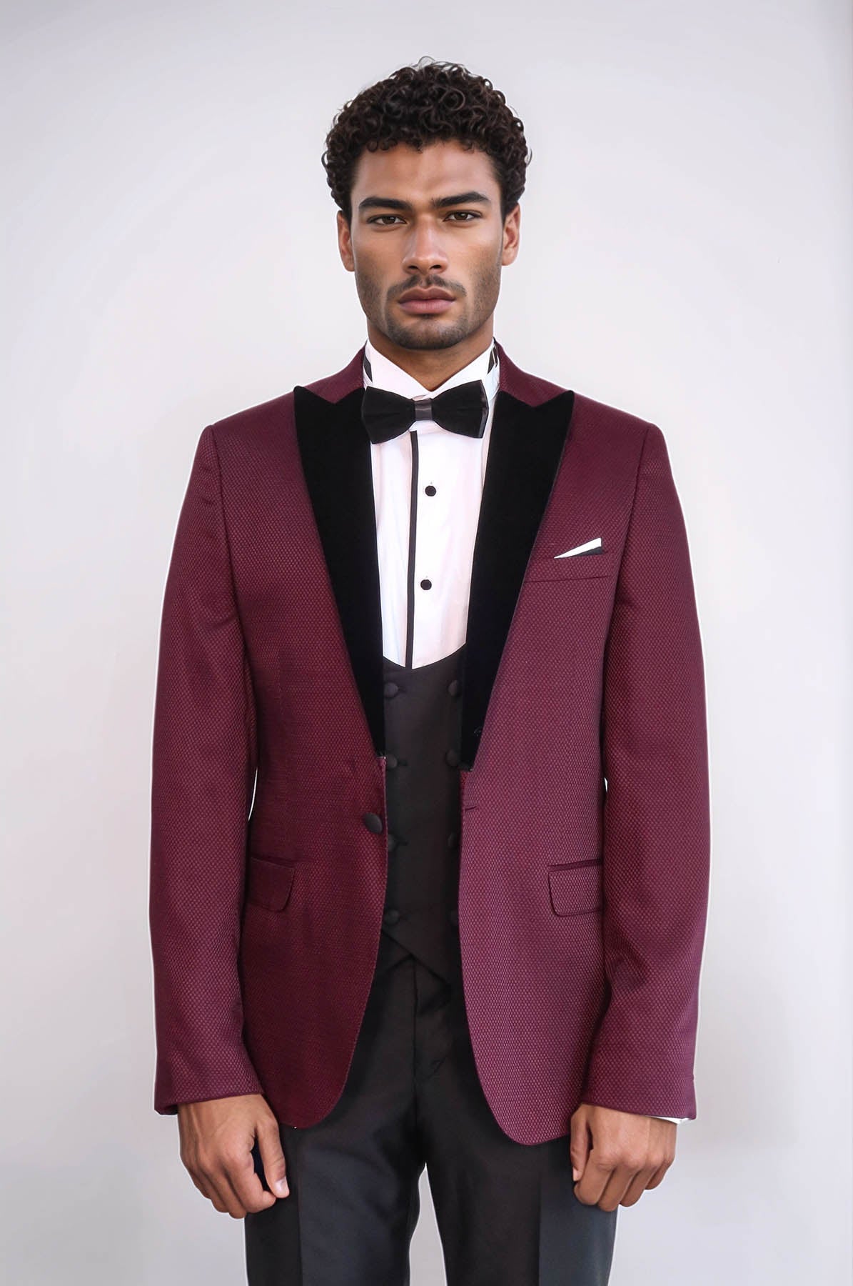 Patterned Blazer Plain Vest and Trousers Claret Red Tuxedo - Wessi