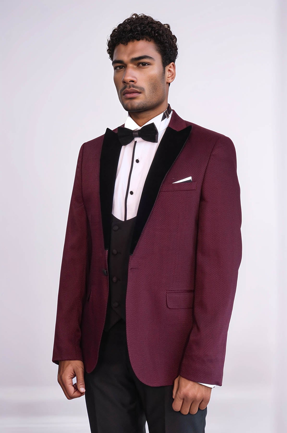 Patterned Blazer Plain Vest and Trousers Claret Red Tuxedo - Wessi