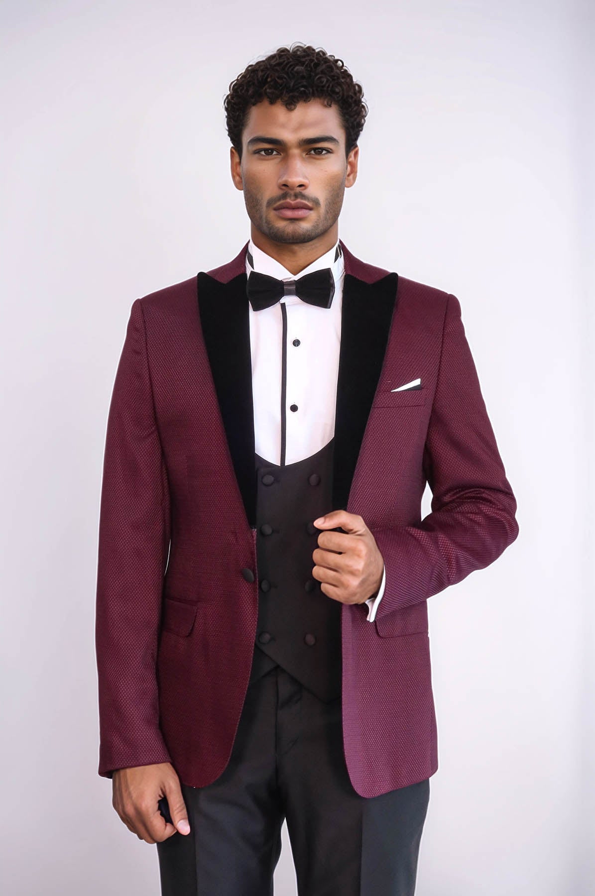 Patterned Blazer Plain Vest and Trousers Claret Red Tuxedo - Wessi