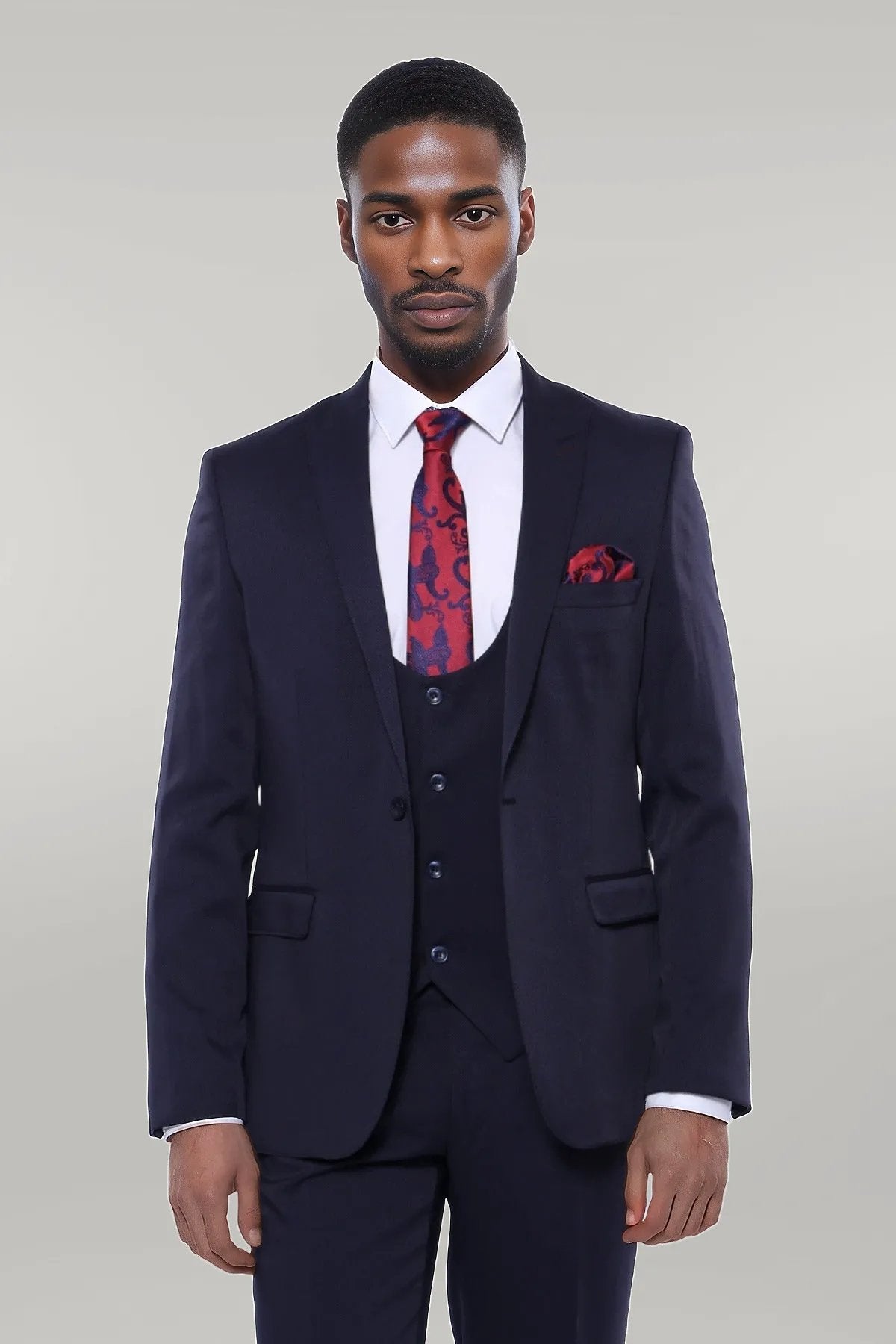 Patterned Navy Blue Vested Suit