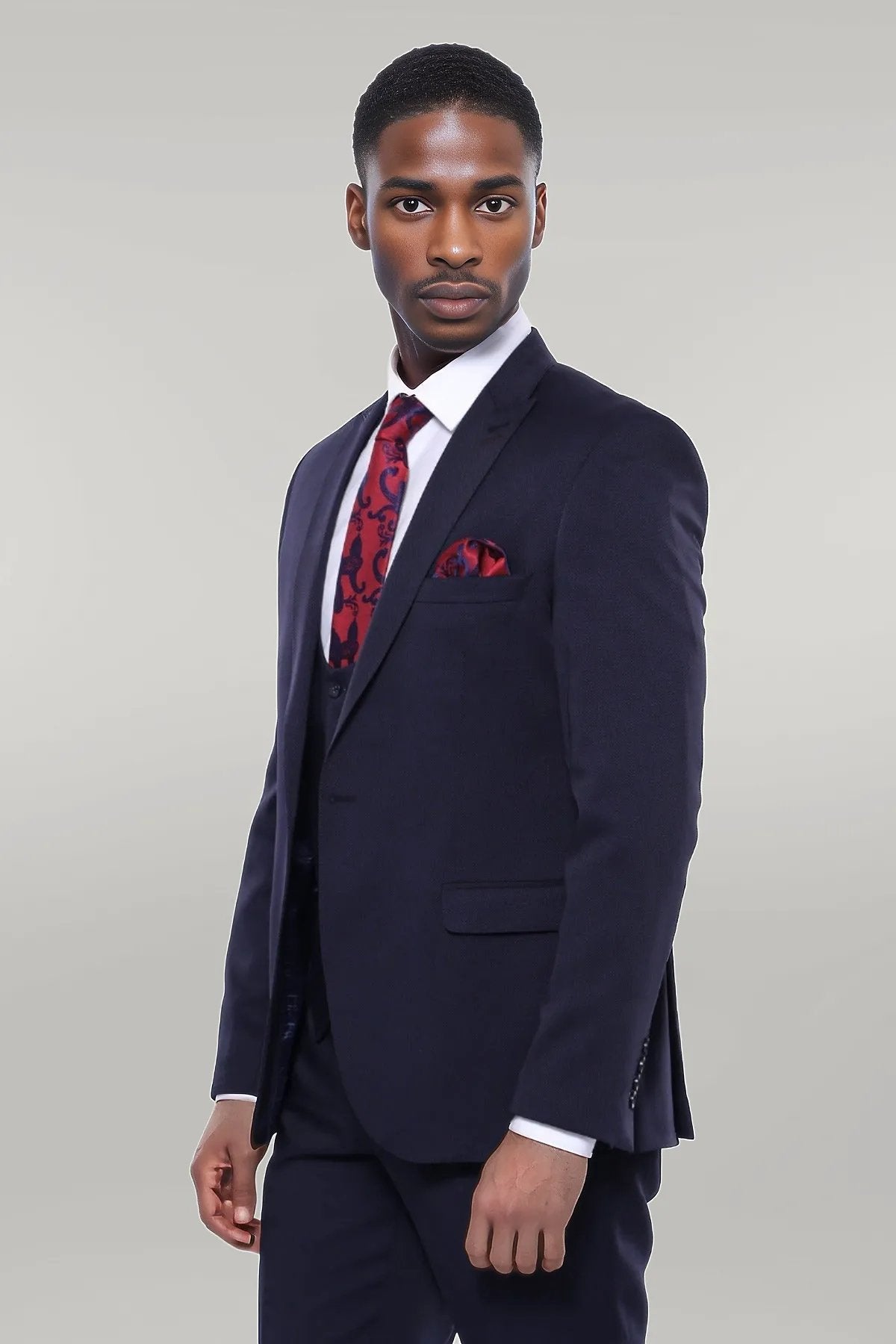 Patterned Navy Blue Vested Suit